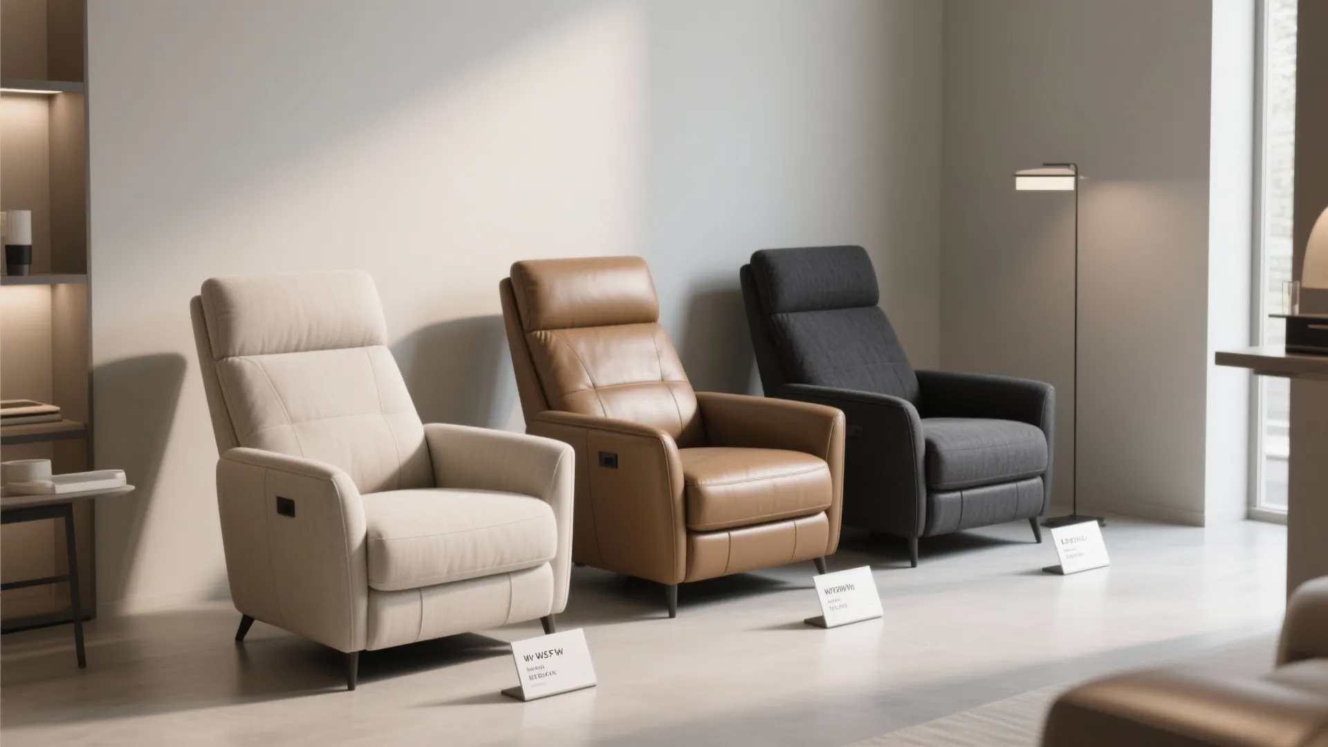 Showroom corner with three slim recliners in different materials and placards showing seat width and clearance for FAQ reference.