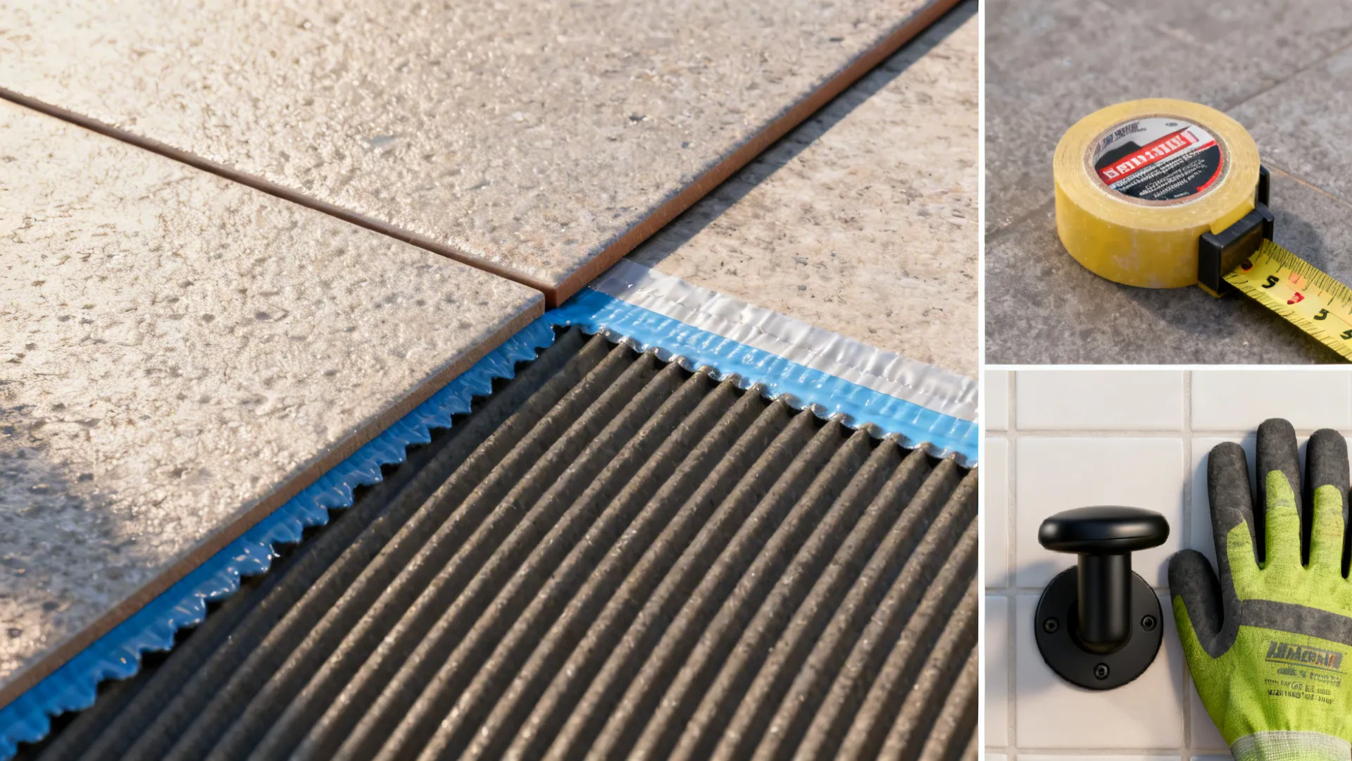 Close-up collage of shower details: non-slip tile, waterproofing materials and fixtures