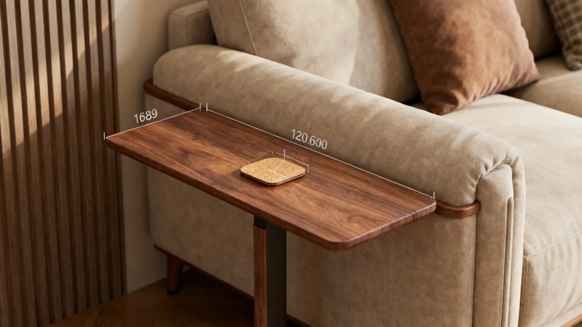 Wooden side table attached to beige sofa showing measurement lines for furniture size and layout