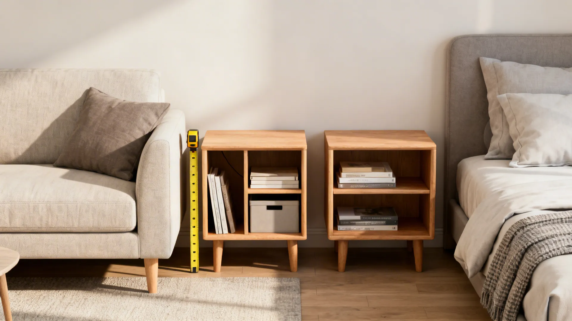 Vignette showing side table height, storage options, and a side table used as a nightstand
