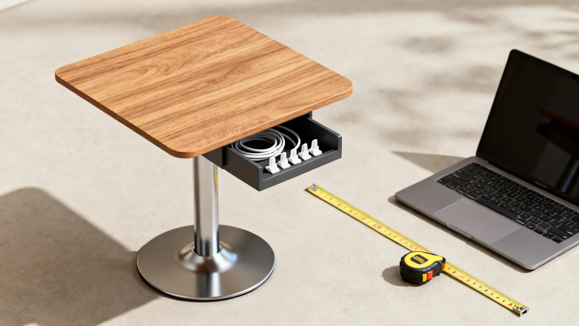Samples of durable side table materials with cable clips and measuring tape illustrating ergonomics and clearance