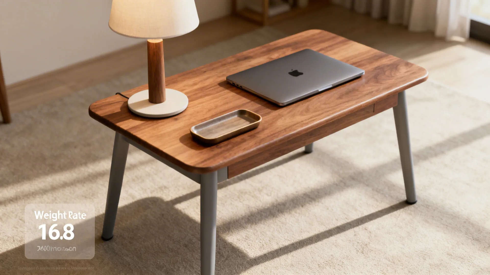 Styled side table vignette showing lamp, laptop and a subtle weight-rating label