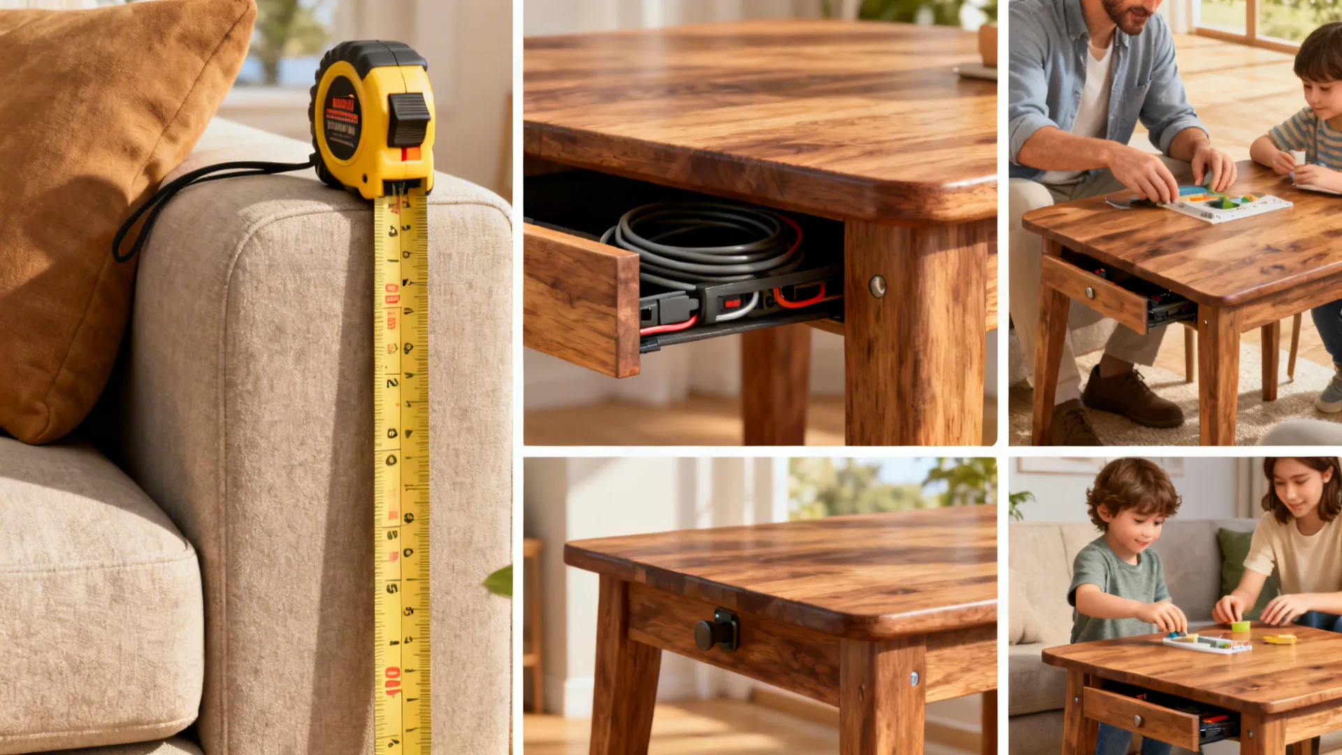 Composite vignettes illustrating measurements, durable materials, cable routing, child-safe hardware, and nesting tables.