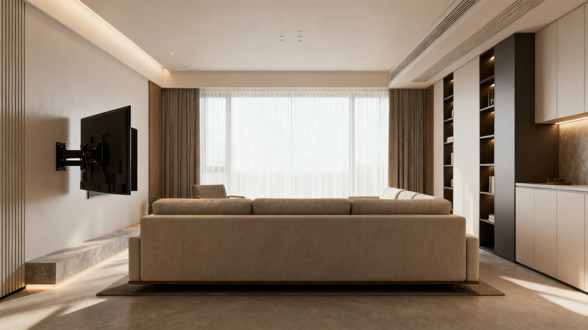 Living room view from behind beige sofa featuring wall mounted television and window with curtains