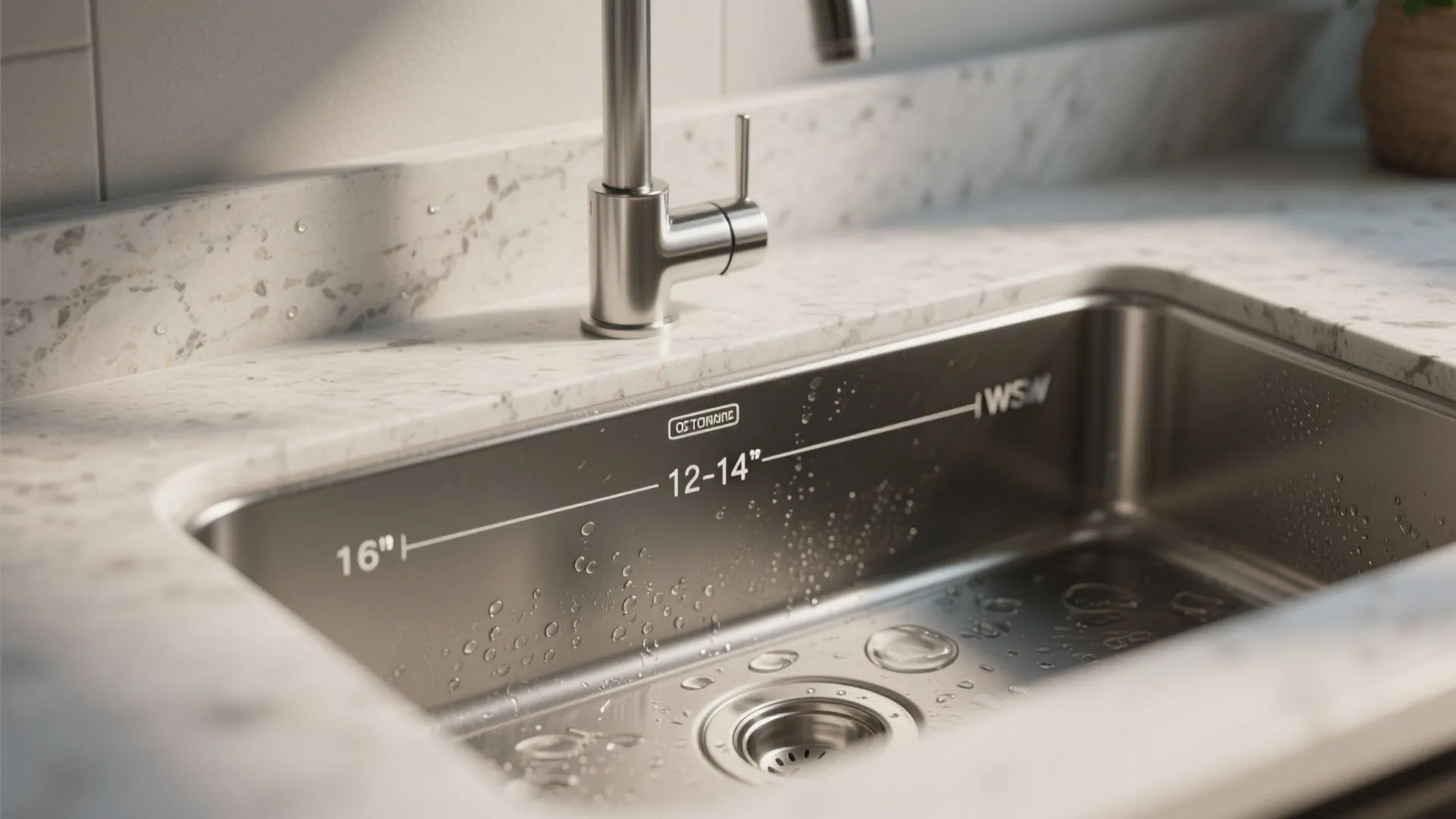 Macro close-up of a shallow laundry sink edge and single-hole faucet showing material textures and depth markings.