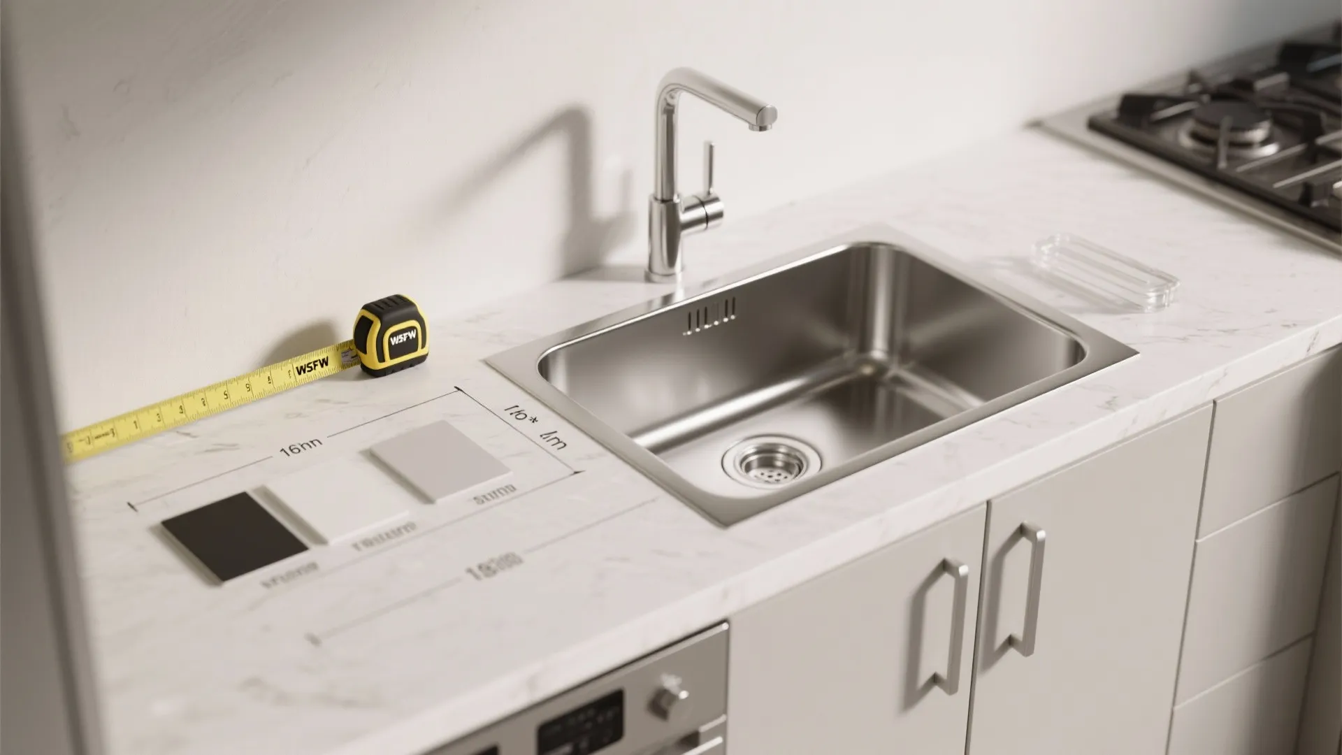 Stainless steel kitchen sink installation with a measuring tape and technical dimensions on white countertop