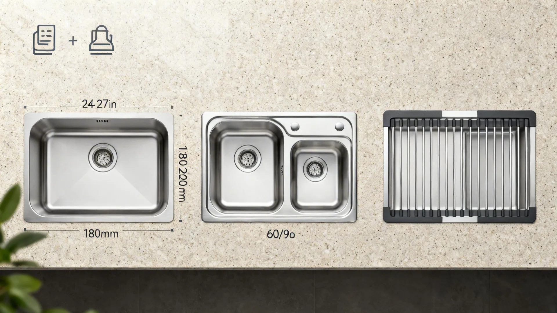 Top-down comparison of compact single-bowl, low-divide double-bowl, and workstation granite sink setups.