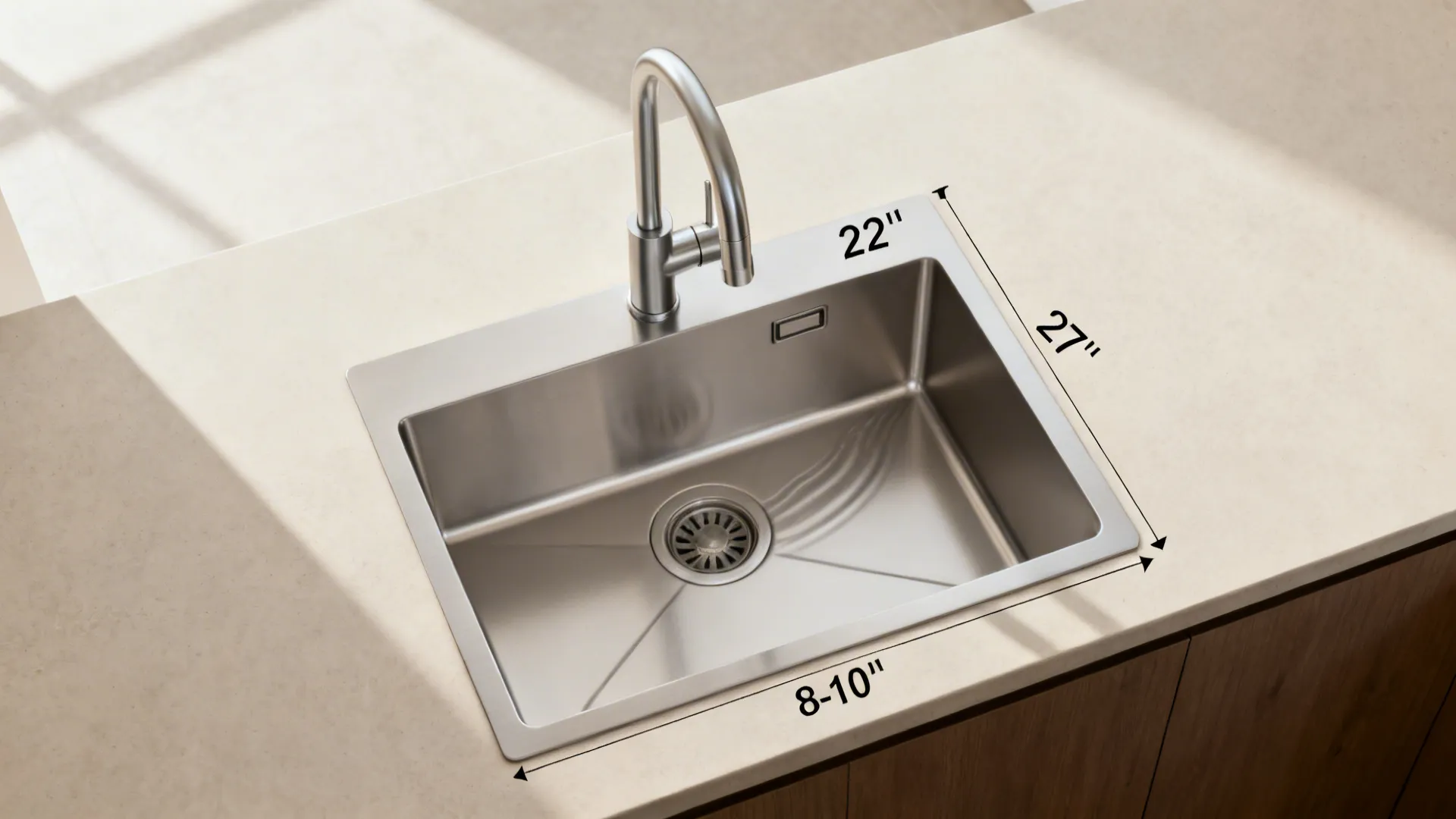 Top-down view showing a measured single-bowl sink with rear drain and centered faucet.