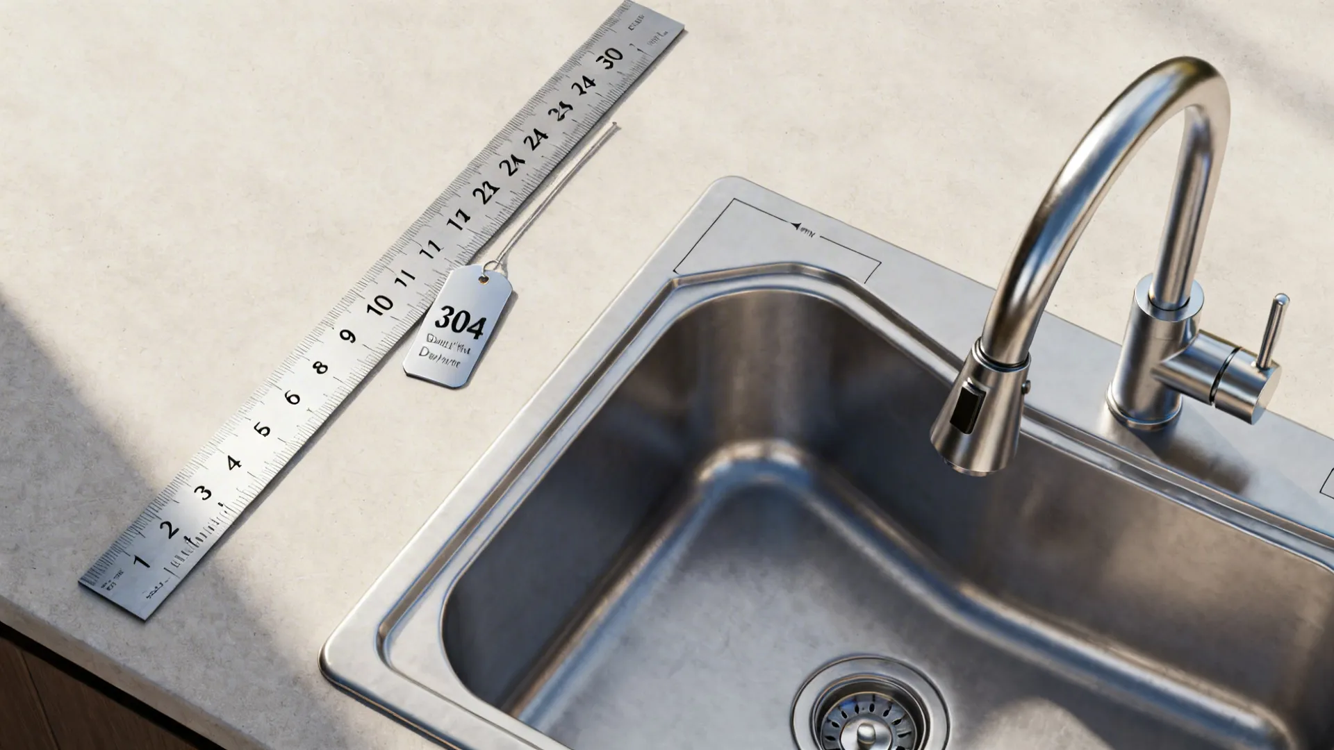 Top-down layout with size ruler, 304 tag, depth markers, corner template, and pull-down faucet.