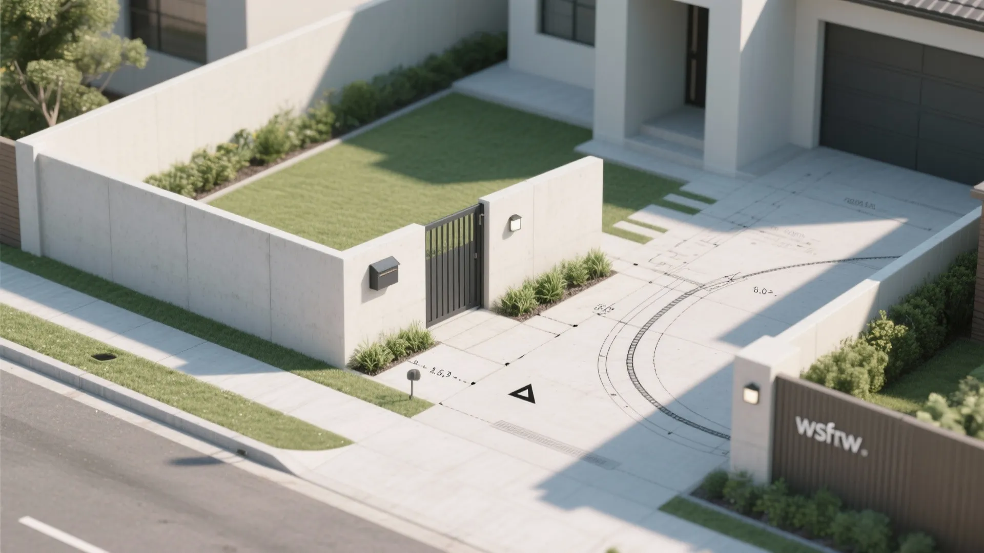 Aerial view of house front yard showing lawn driveway fence and technical site plan markings