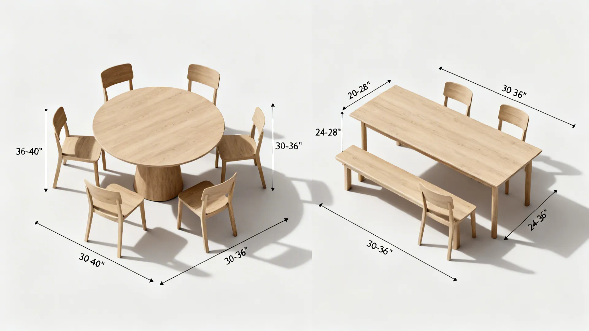 Top-down size comparison of round pedestal and narrow rectangular table layouts with clearances.
