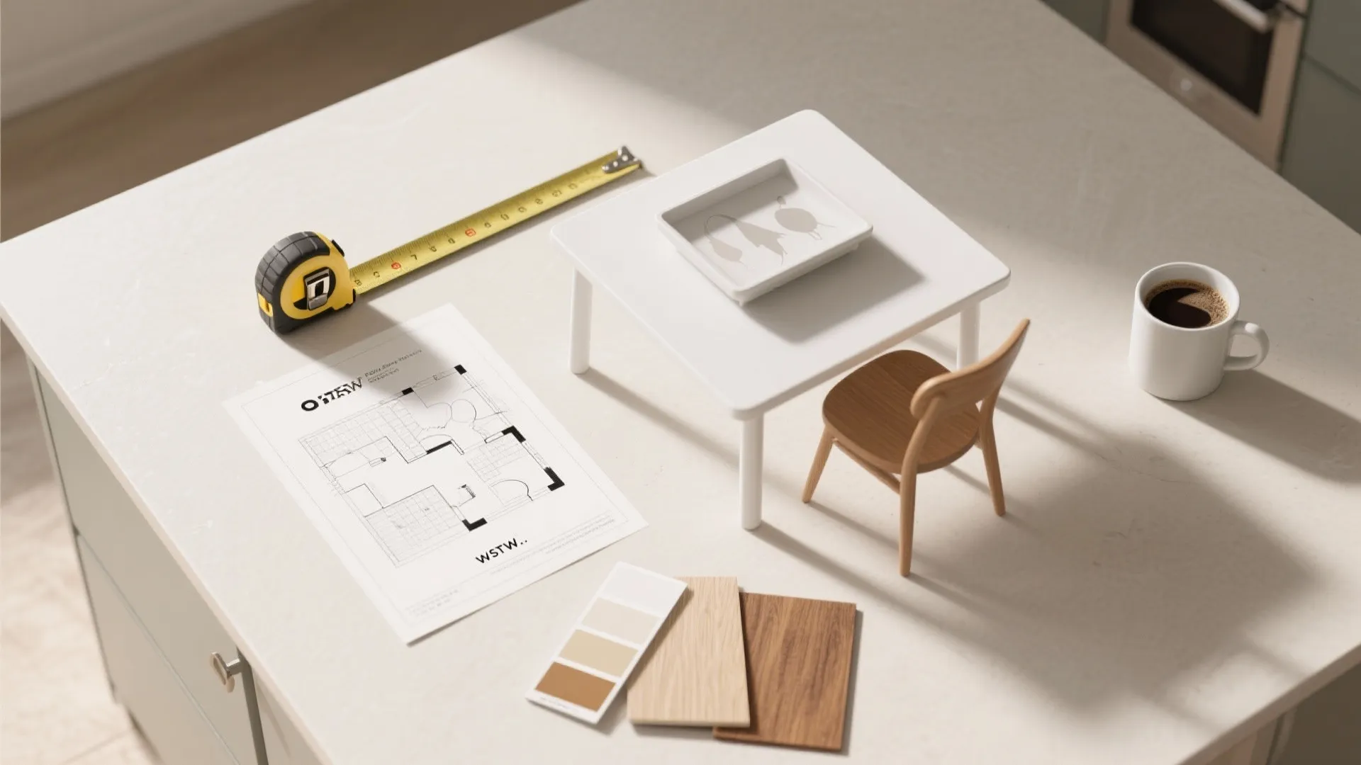 Kitchen counter with house floor plan drawing yellow tape measure small model table and chair