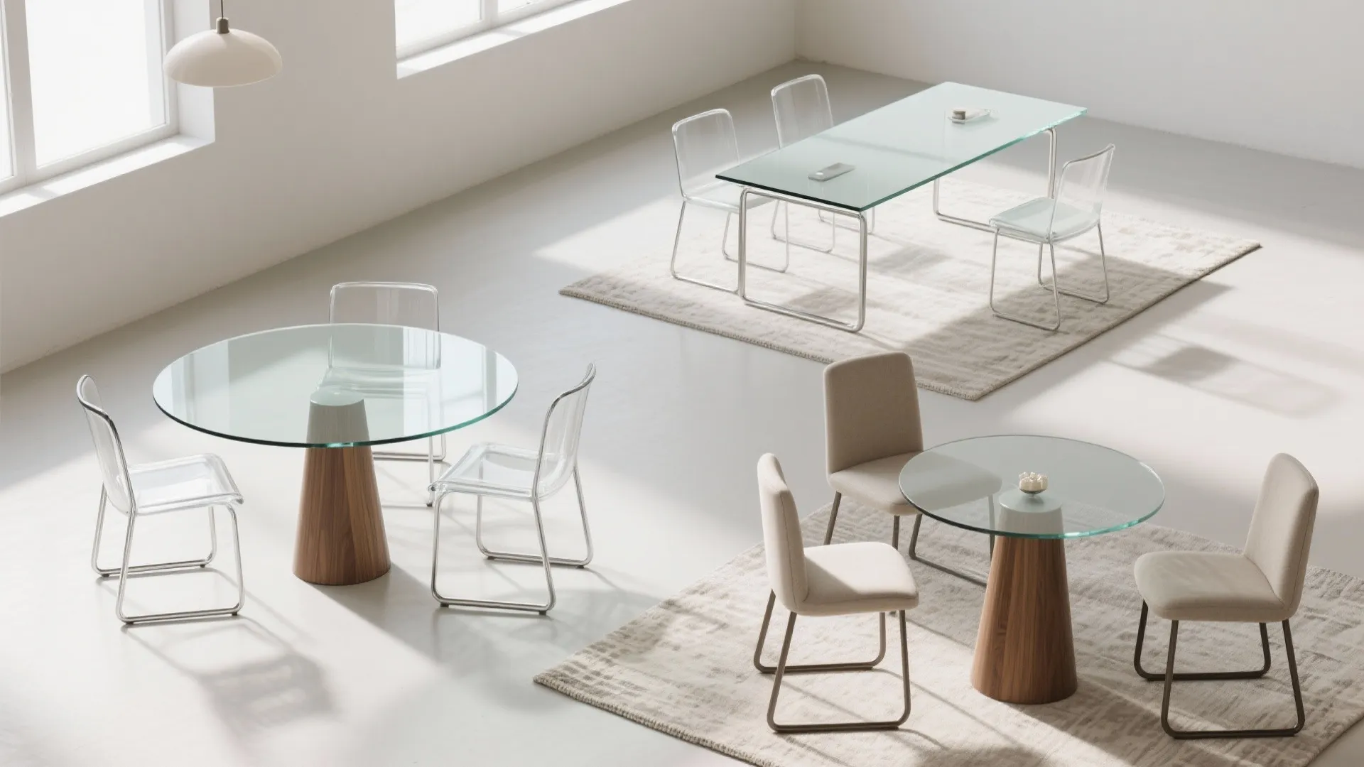 Modern showroom featuring glass top dining tables with various wood and metal bases and chairs