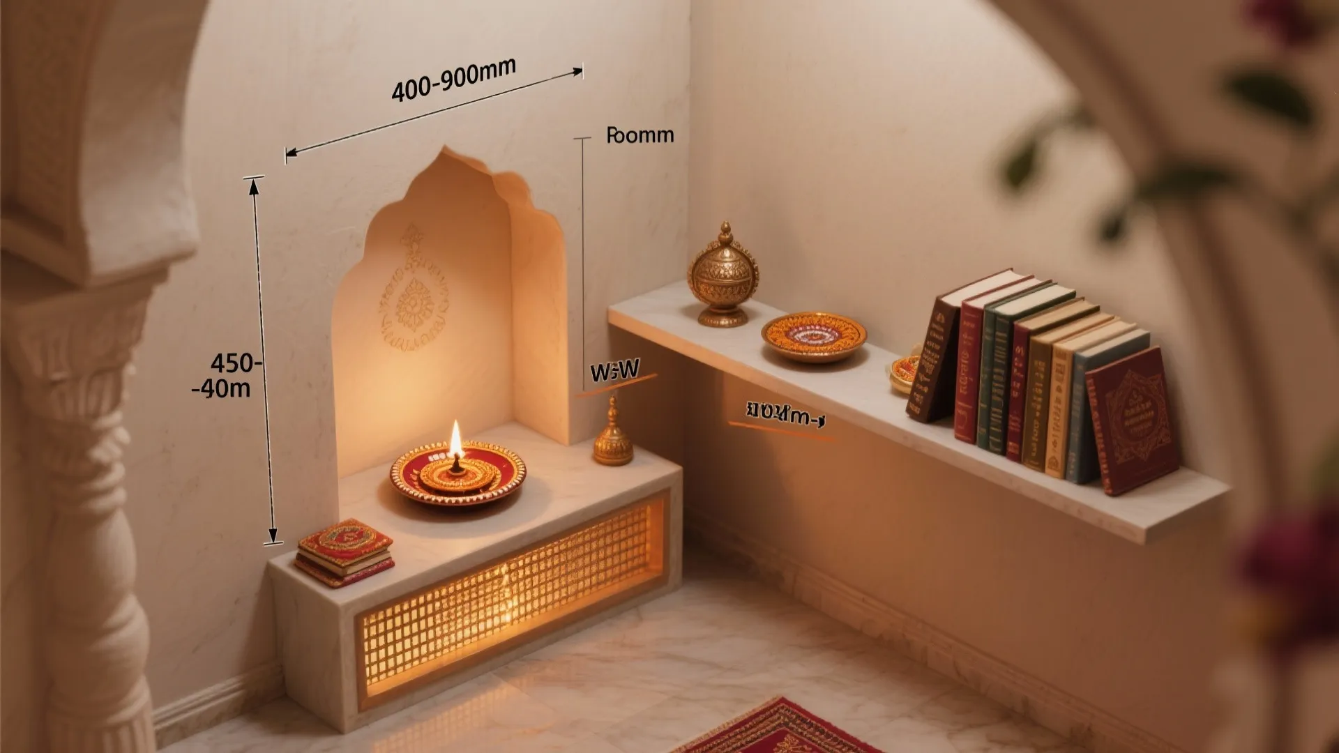 Top-down size guide showing compact pooja niche and shelf proportions with objects for scale.