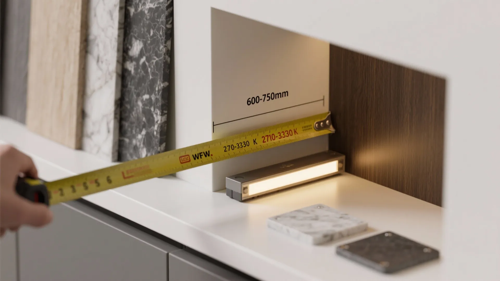 Measuring space for light fixture inside white cabinet with several stone and wood material samples