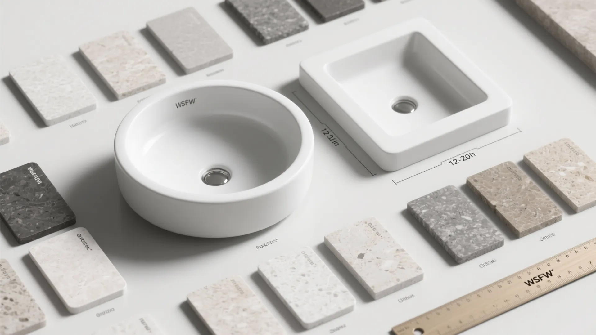Top-down layout of sink size templates and material swatches showing common small drop-in sink dimensions and options.