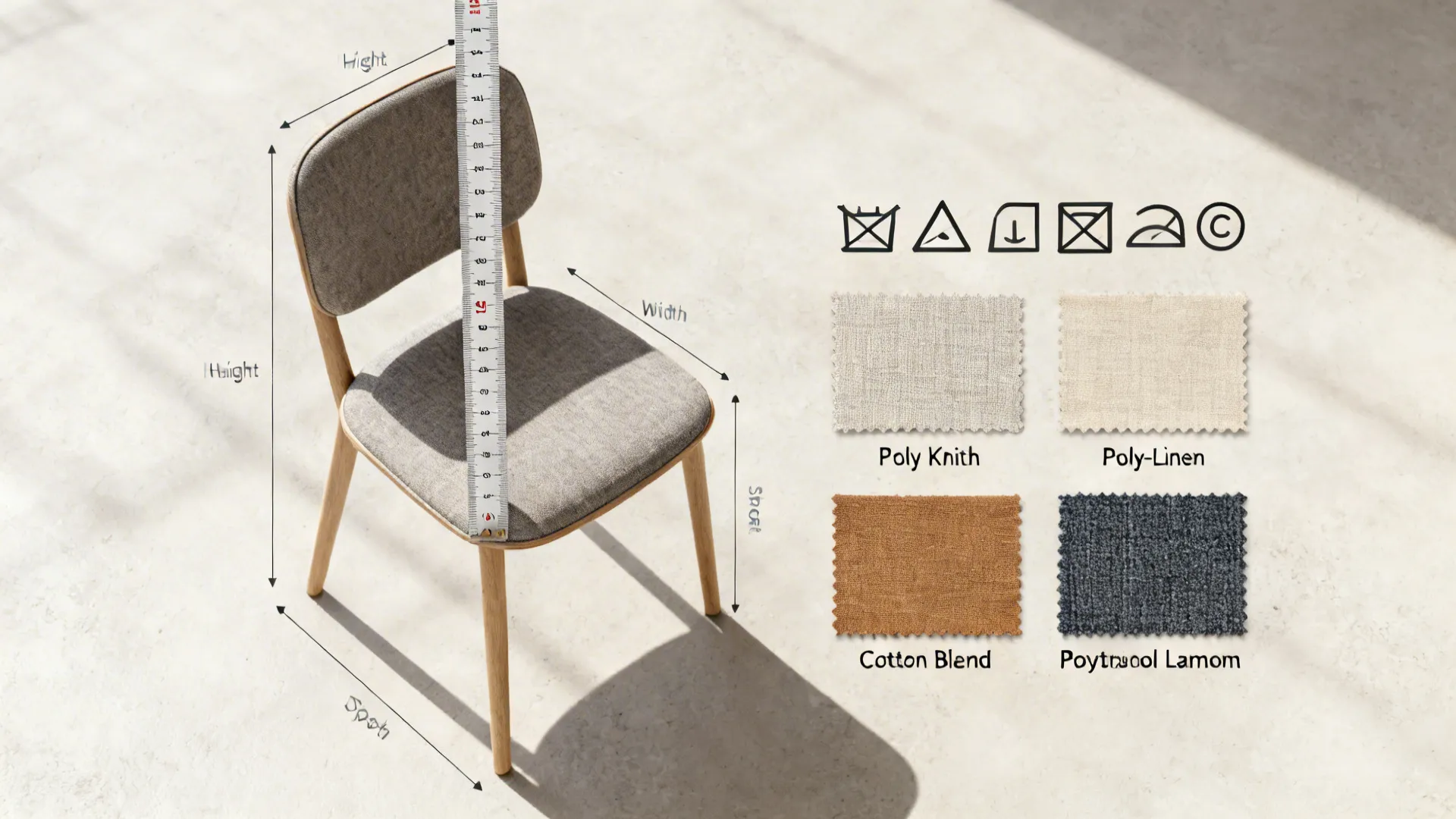 Top-down visual of chair measurements, fabric types, and care icons for dining chair covers.