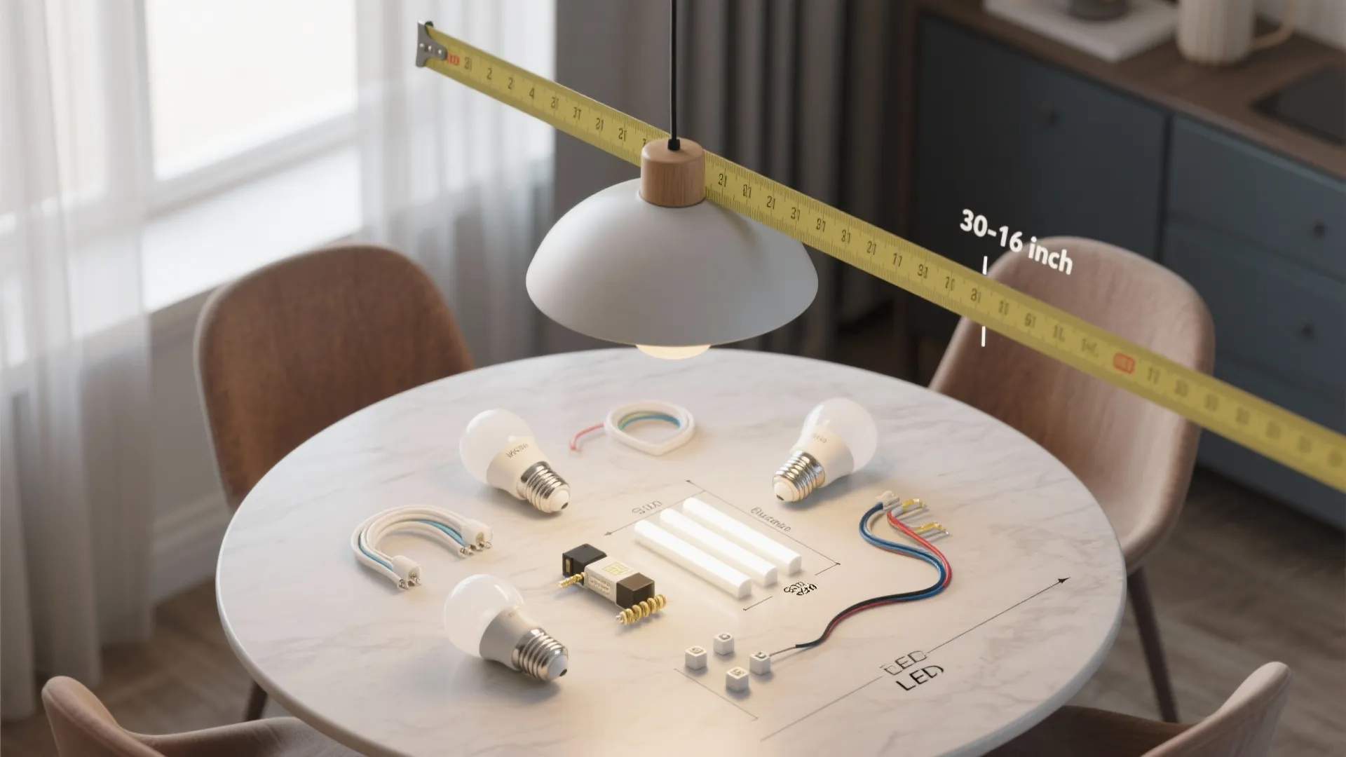 Top-down view illustrating fixture height above table, tape measure, and LED bulb for energy advice.