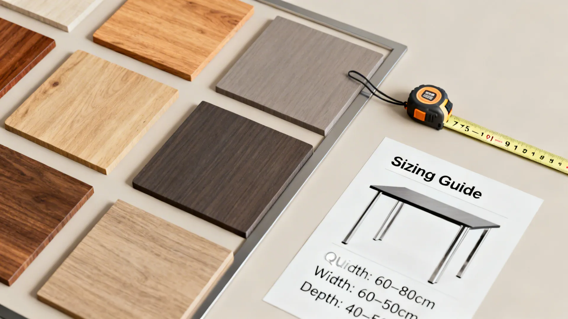 Material swatches and tape measure illustrating recommended clearances and durable finishes for small dining tables.