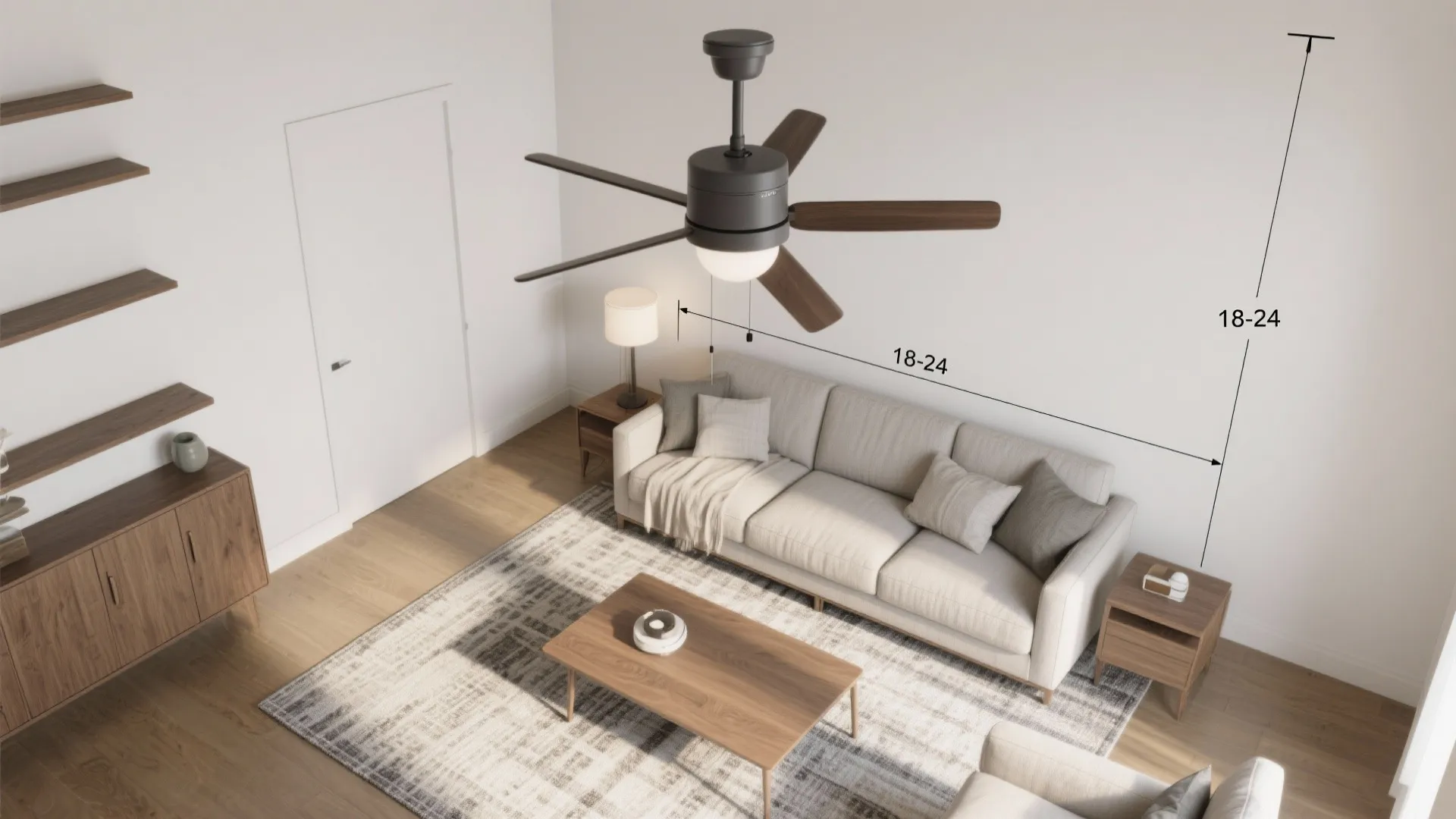 Interior design drawing showing ceiling fan placement measurements above a sofa in a modern room