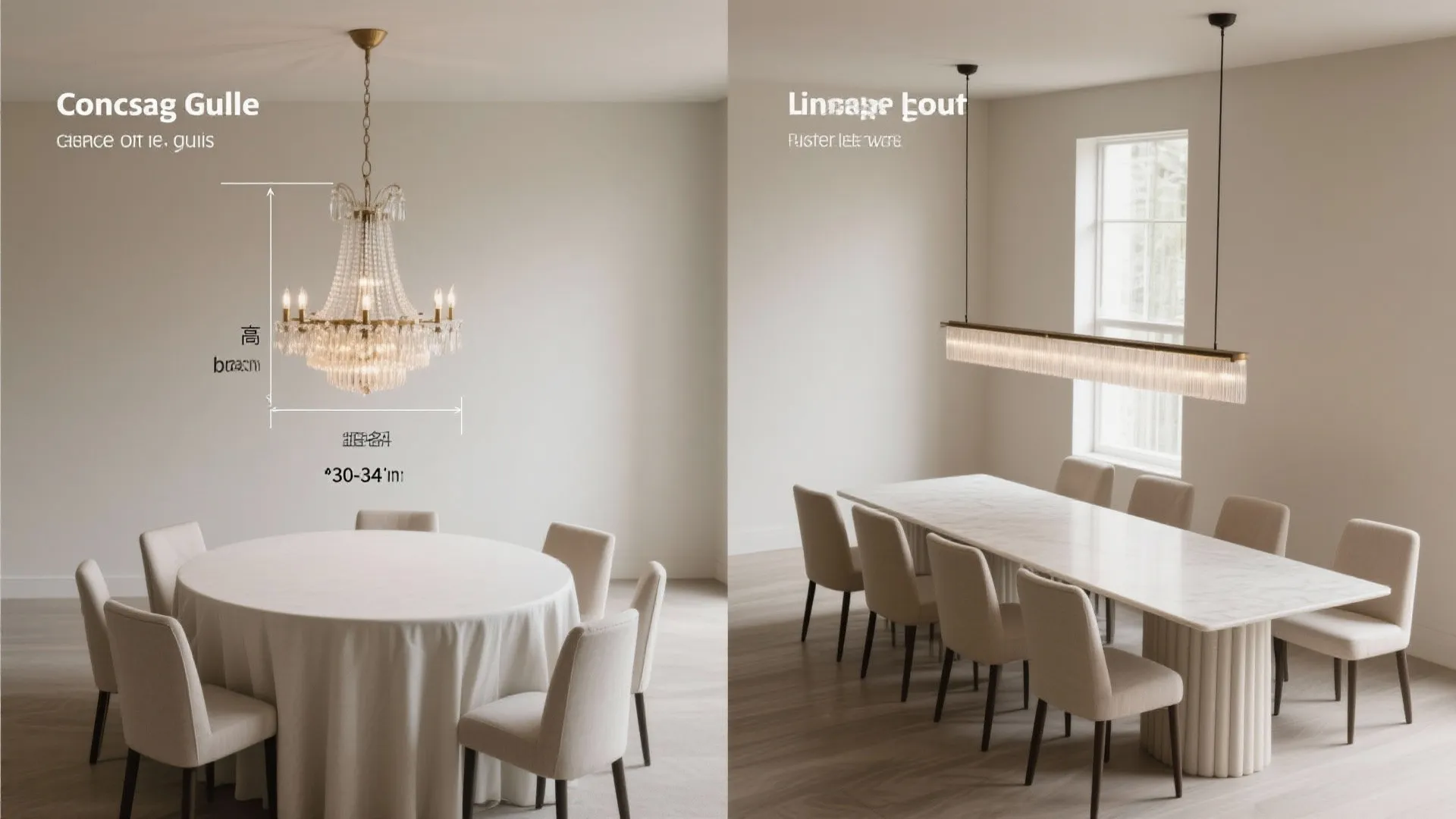 Top-down sizing and height guide for dining chandeliers over round and rectangular tables.