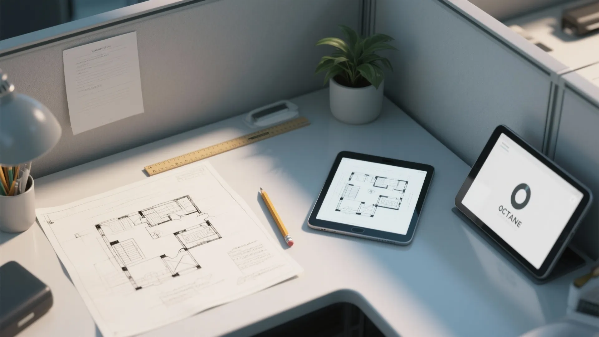 Office desk showing paper floor plan sketch, tablet with digital layout, pencil, and small plant