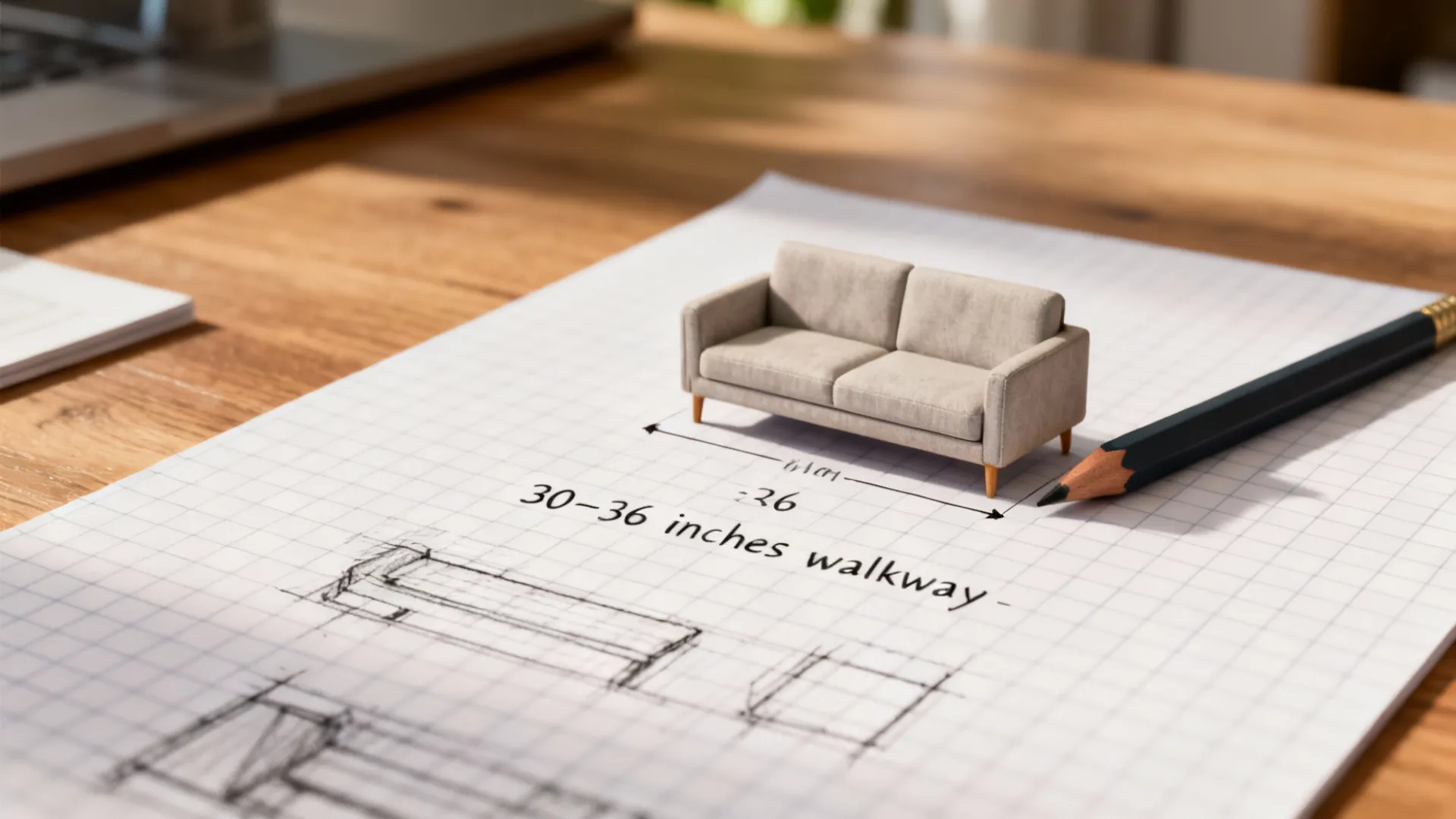 Scale sketch on graph paper with a mini sofa model and dimension notes for clearances