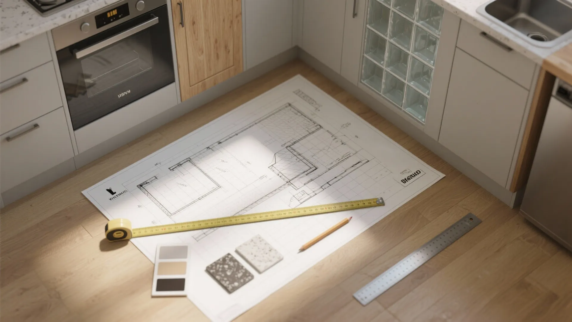 Floor plan drawing on a wood floor with measuring tape, pencil, and stone material samples