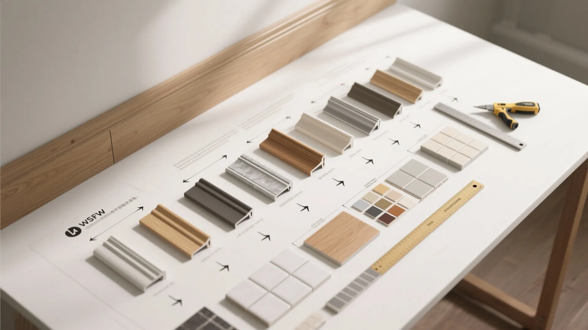 Various wall panel samples and small floor tiles displayed on a desk with measuring tools