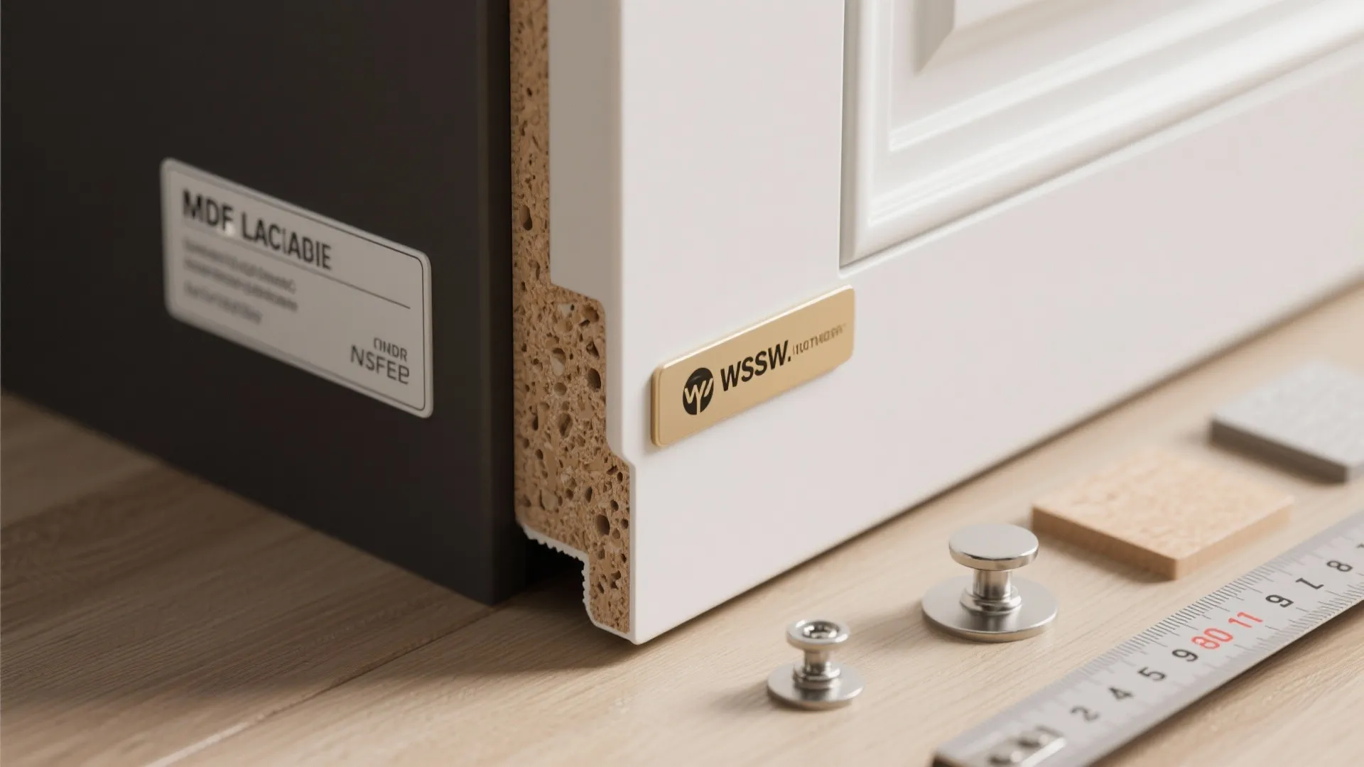 Close up white cabinet door showing inside material with gold plate and small metal hardware