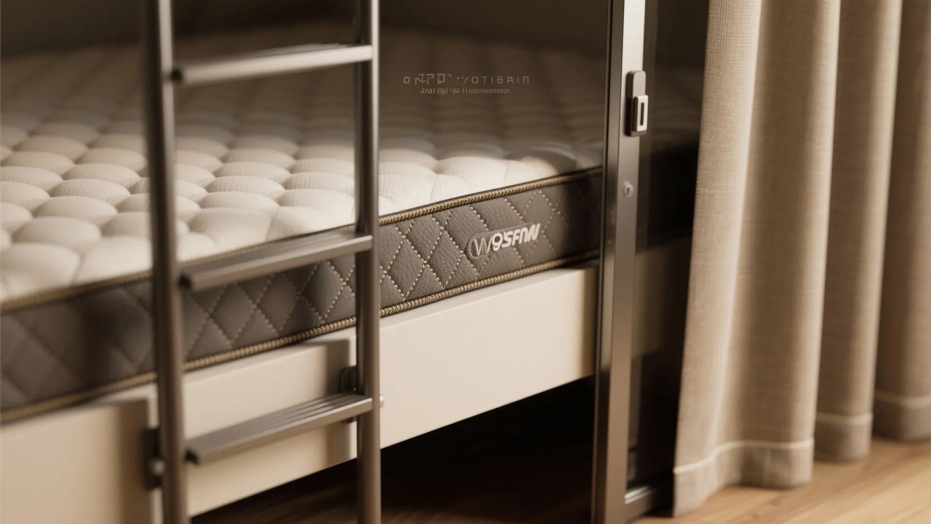 Close up of a comfortable mattress on a bed frame with metal ladder and beige curtain