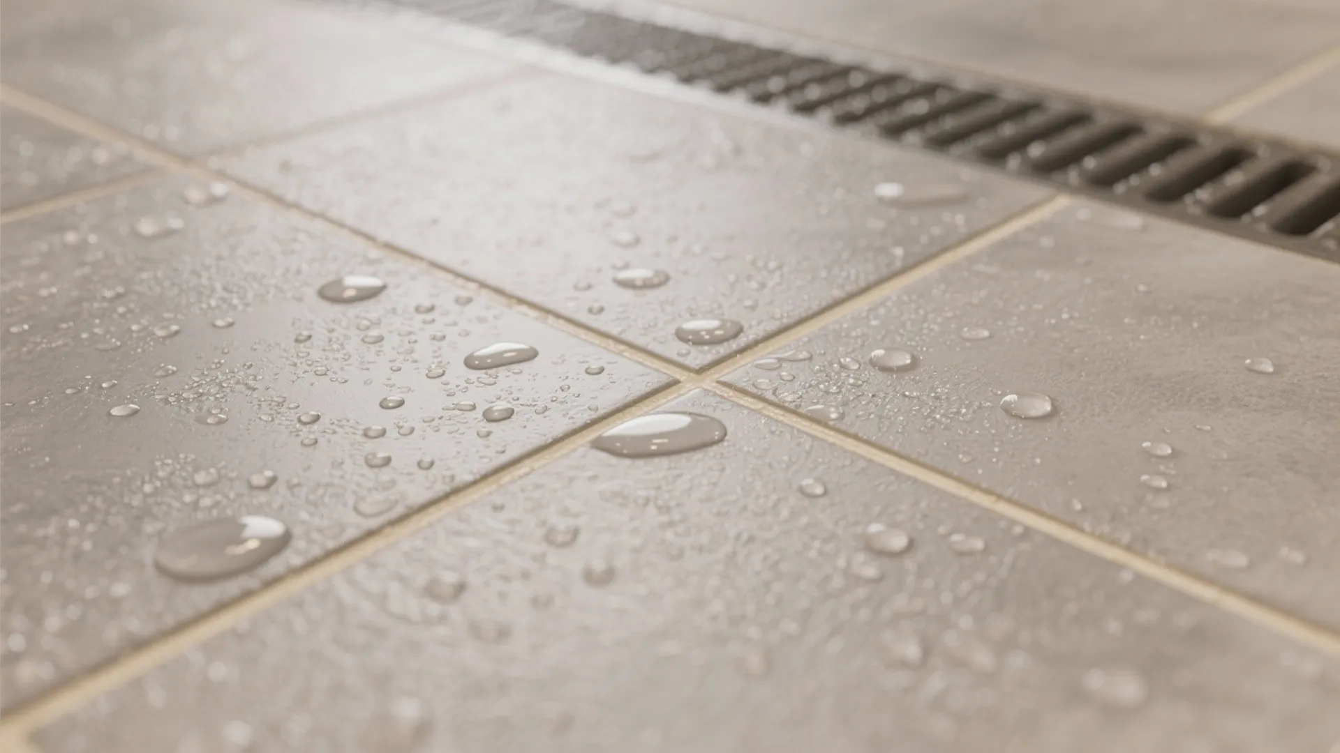 Water droplets on grey square floor tiles near a long metal bathroom shower floor floor drain