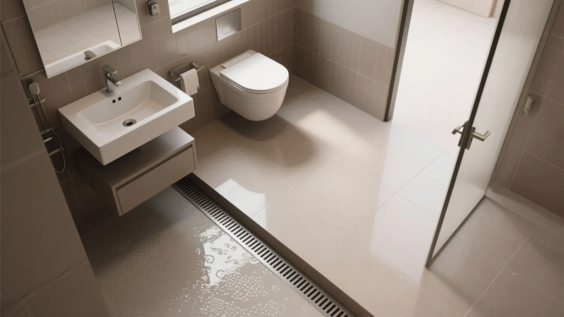 Top view of a bathroom layout with white sink wall hung toilet and floor drain system