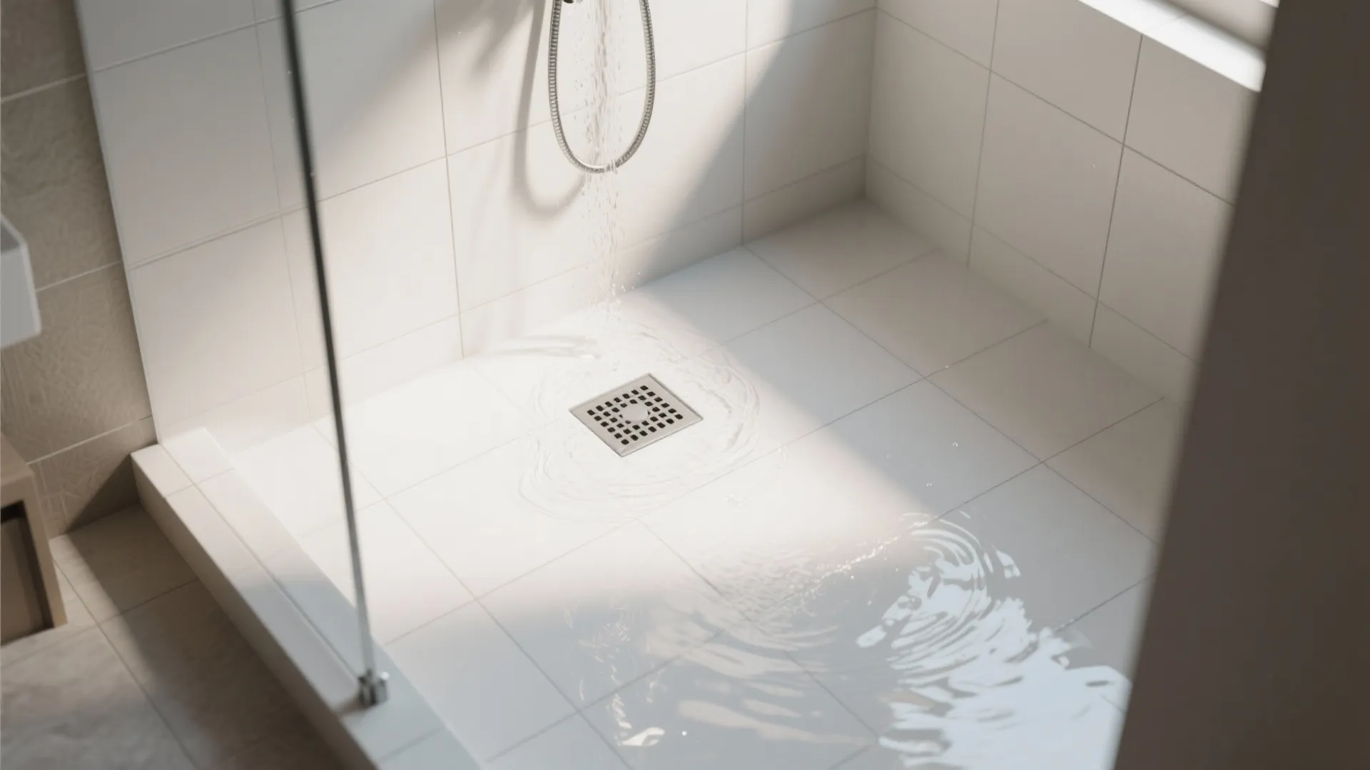 Modern white tiled shower area with water pooling and flowing towards a square floor drain