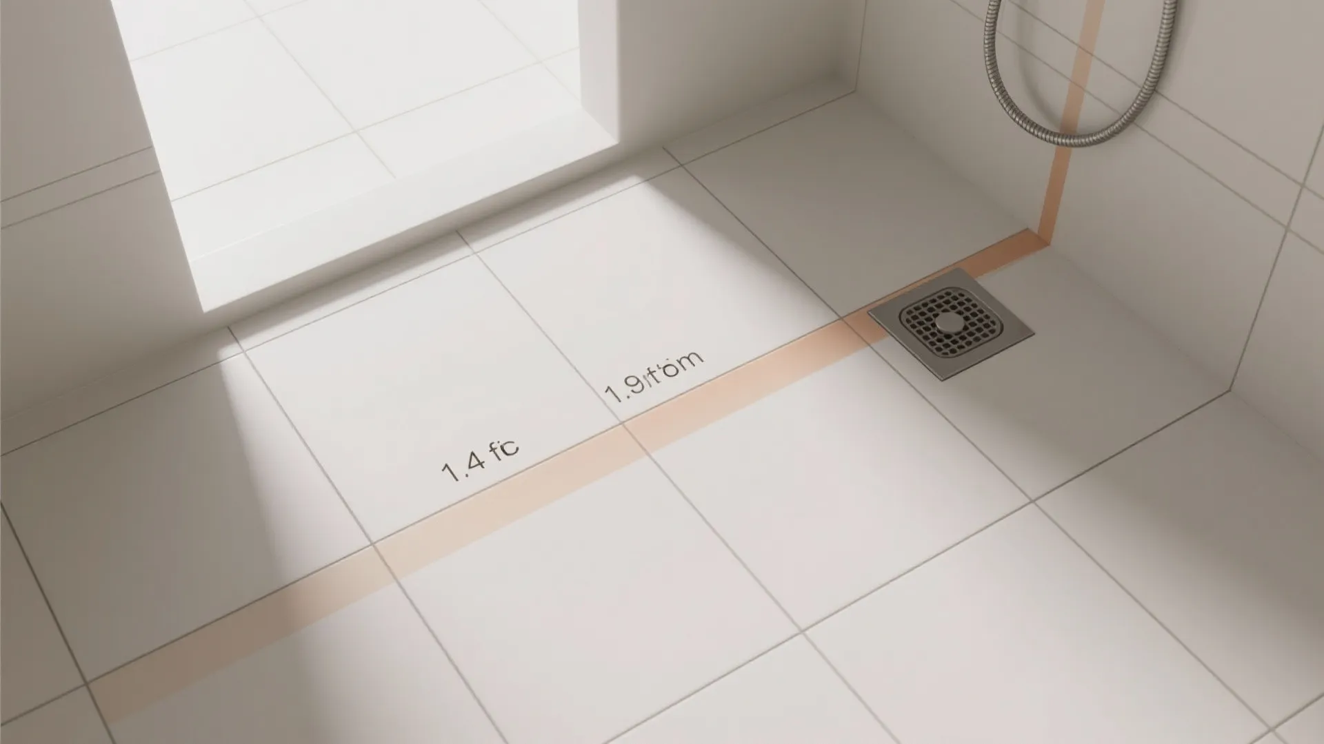 Top view illustrating a gentle slope toward the drain on a tiled shower floor.
