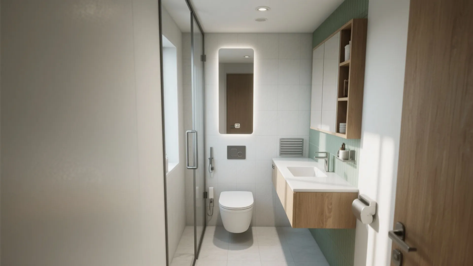 Small modern bathroom featuring white toilet light wood cabinet illuminated mirror and green wall tile details