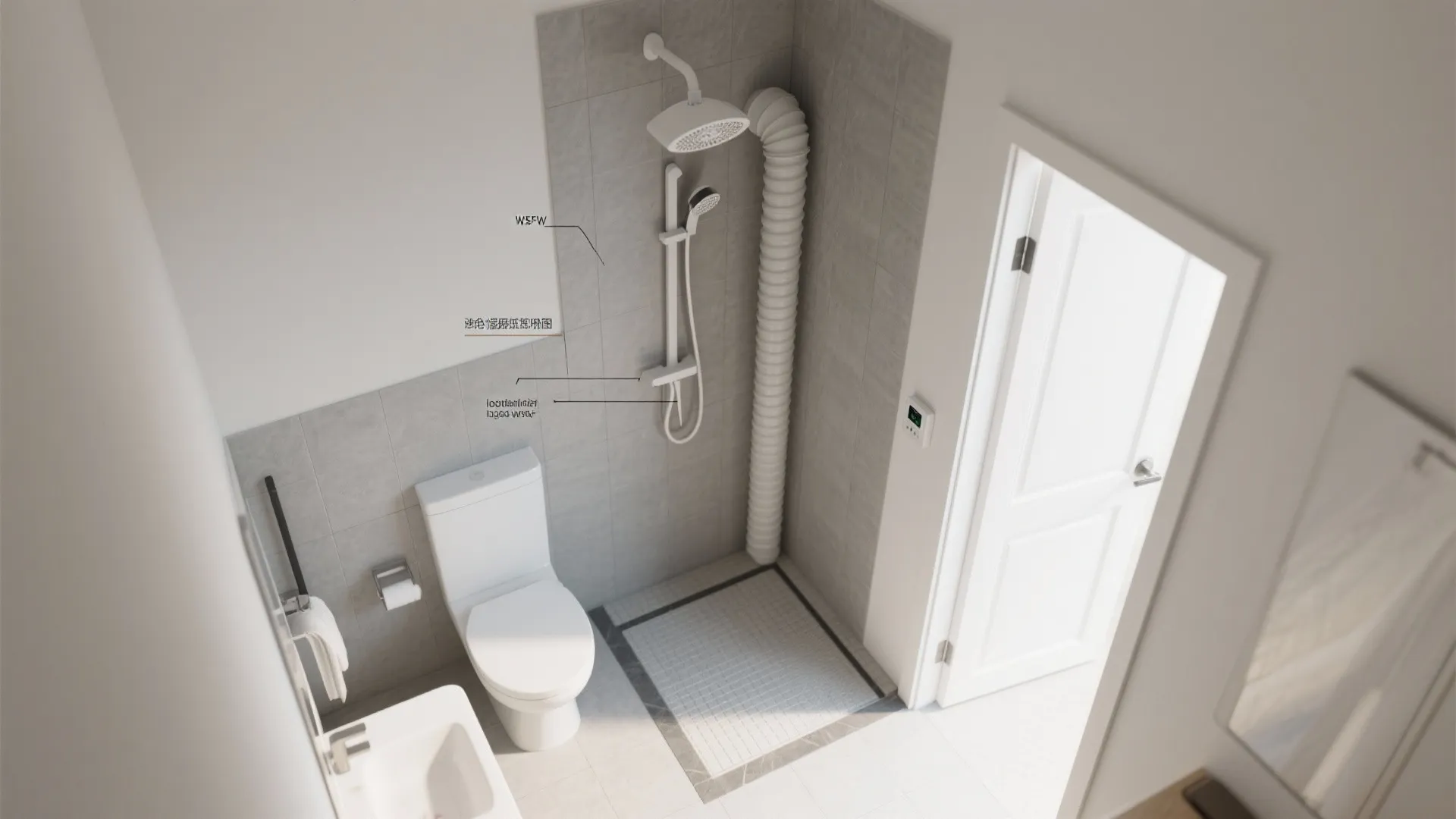 Small modern bathroom design showing a white toilet and shower head with grey wall tiles