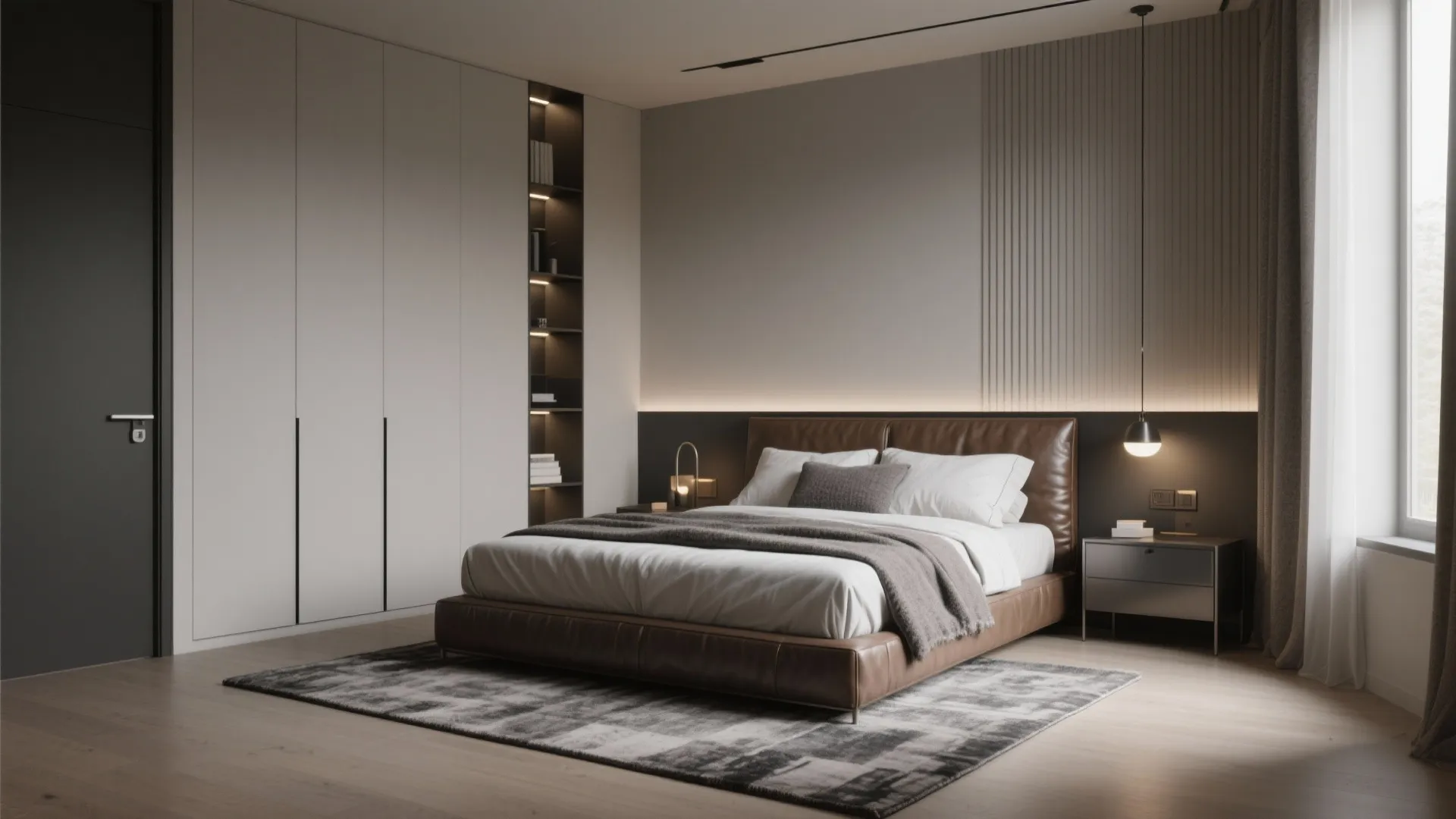 Finished small men's bedroom with rug, layered lighting and vertical storage illustrating common tips.