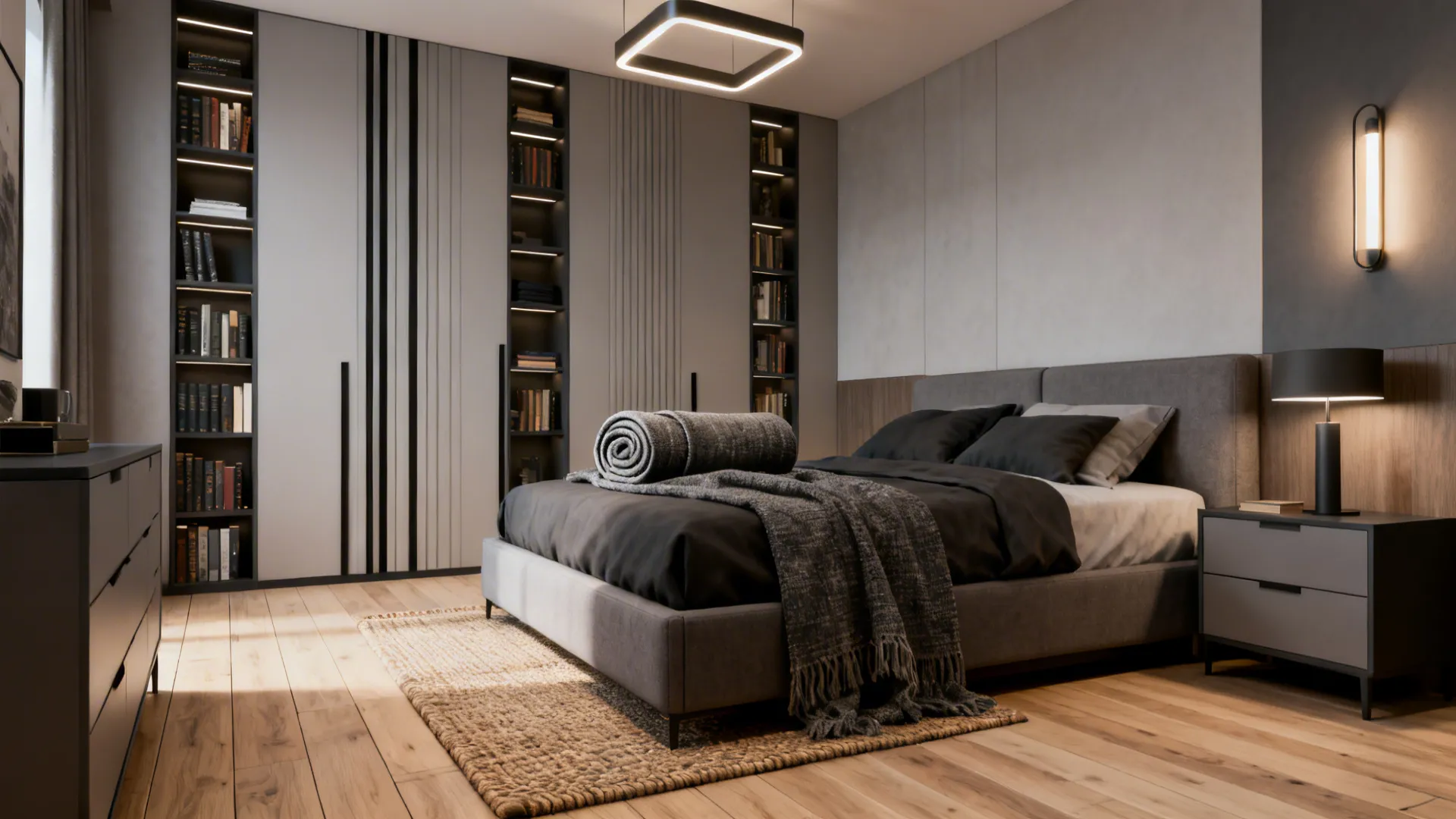Staged small men's bedroom showing recommended layout and storage solutions