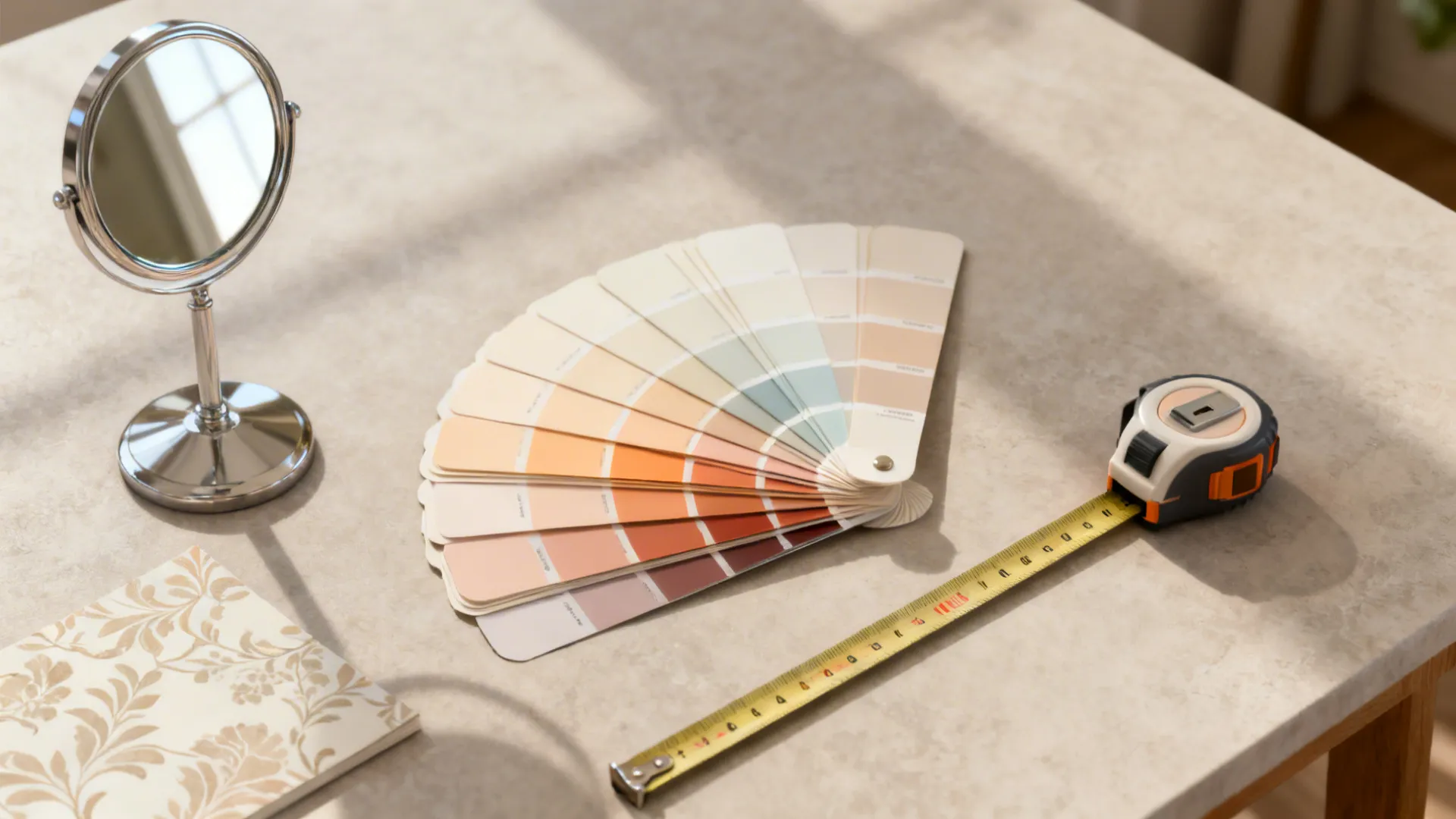 Mirror, paint swatches and removable wallpaper samples illustrating small dining tips.