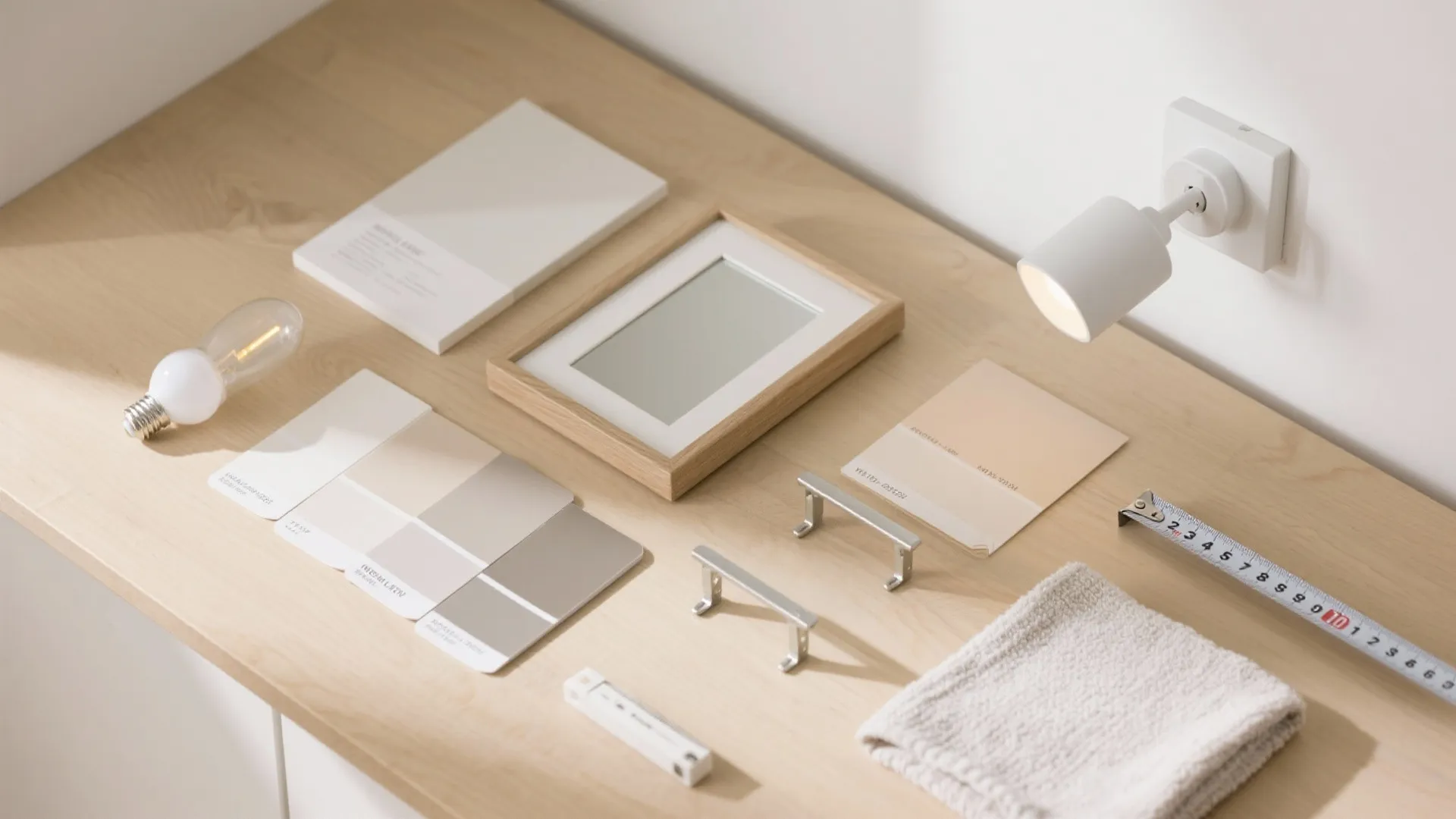 Wood desk with interior design materials like color samples, light bulb, frame, and wall light