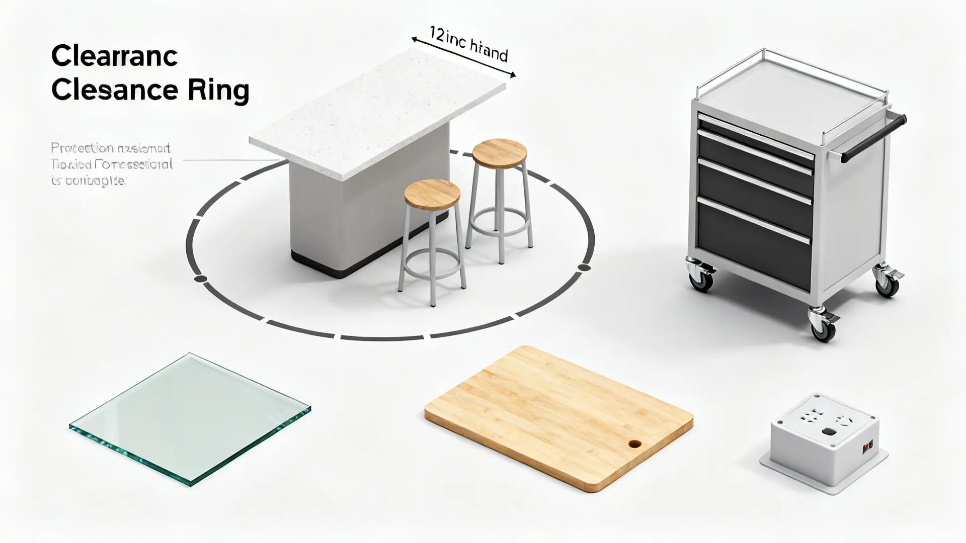 Top-down visuals showing clearances, stool spacing, glass durability, casters, and pop-up outlet.
