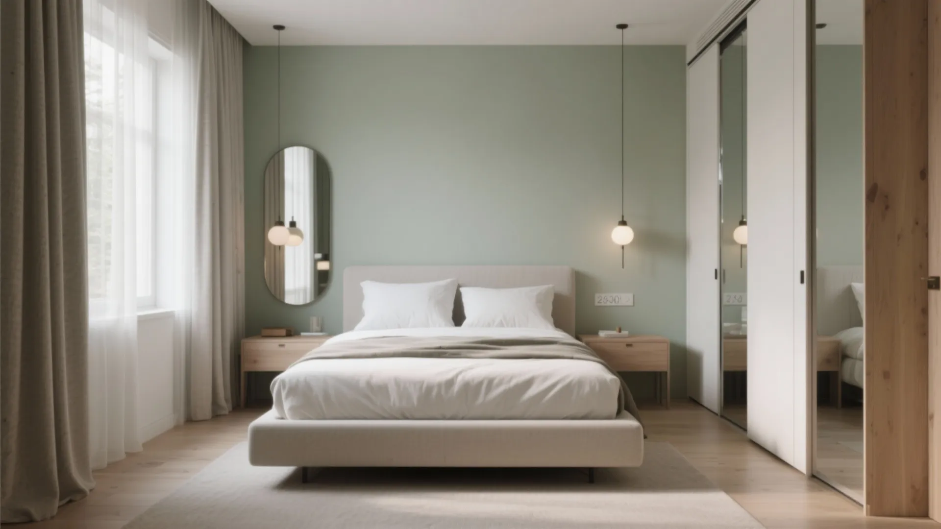 Modern bedroom with green wall white bed wooden side tables round mirror and hanging light fixtures