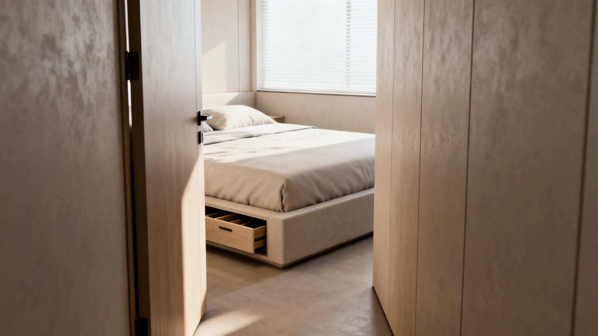Compact bedroom solutions showing low platform bed, built-in storage and a pocket door for circulation