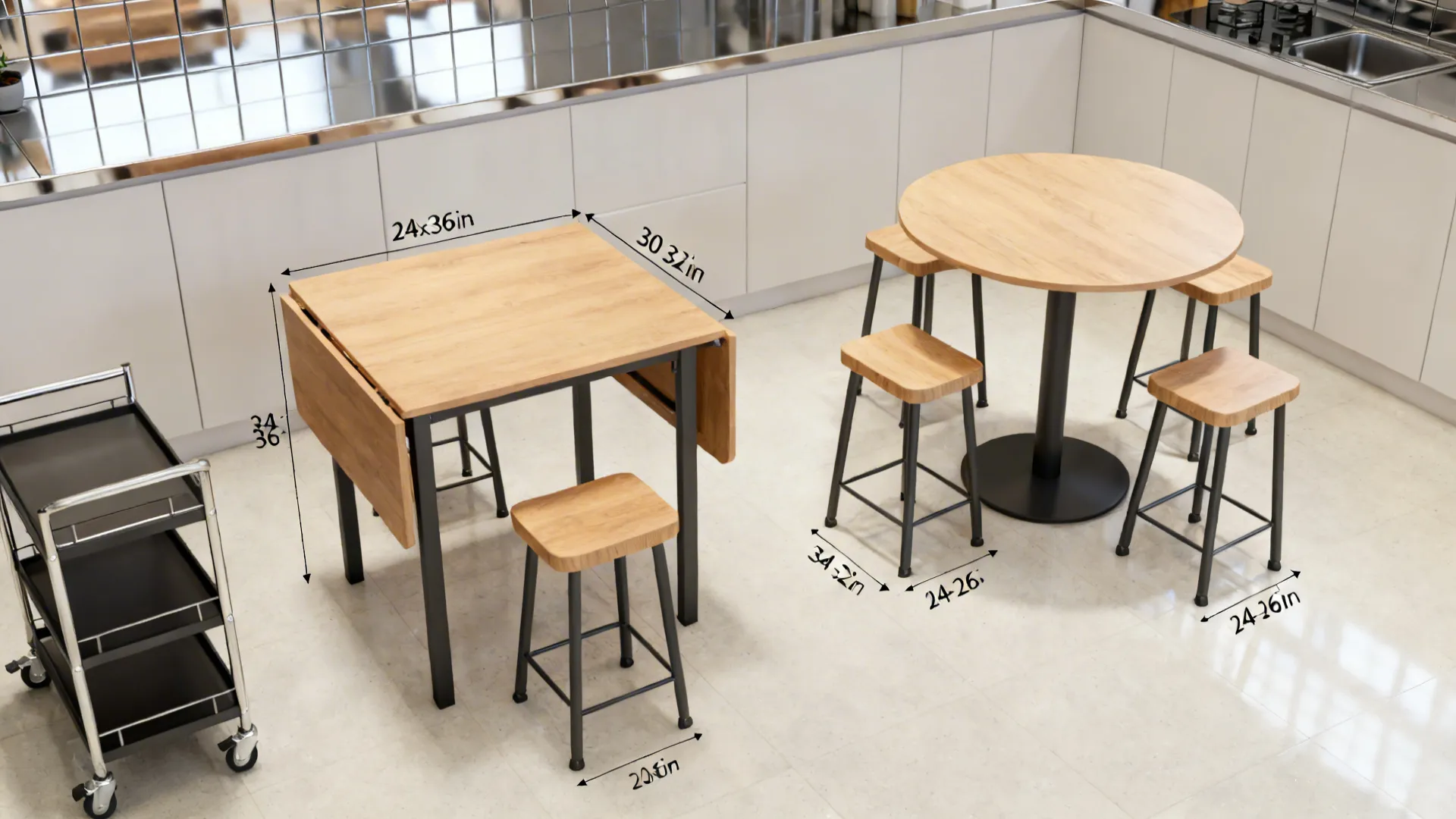 Top-down visuals answering small kitchen table FAQs with compact layouts and hardware details.