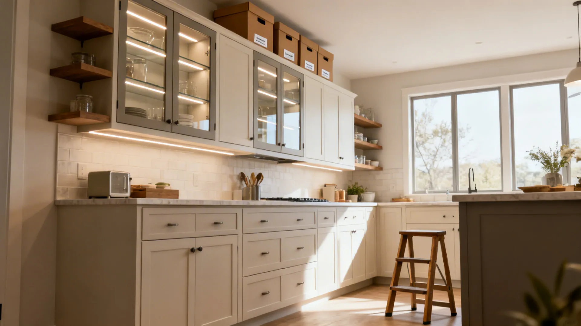 Editorial scene showing mixed uppers, glass fronts with LEDs, ceiling-height storage, and matte finishes.