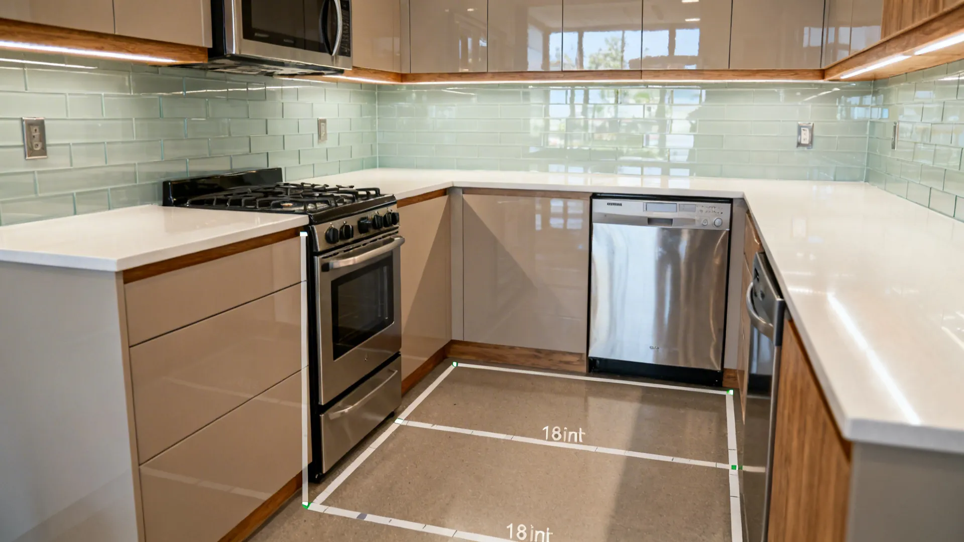 Small kitchen with L-shaped layout, compact appliances, and tape guides indicating clearances on the floor.