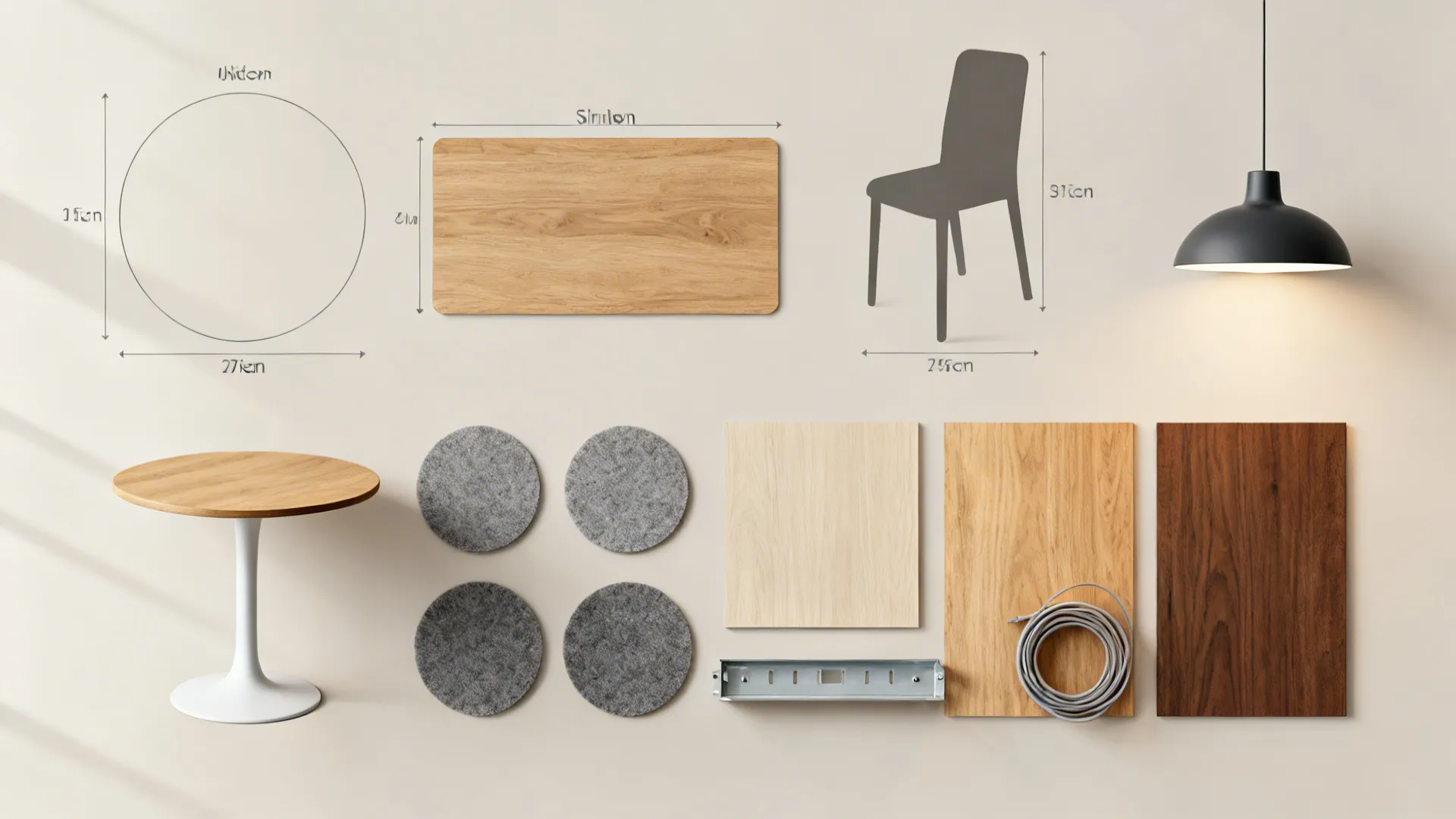Flat-lay of tabletop shapes, chair silhouette, finishes, and hardware for small kitchen table planning.