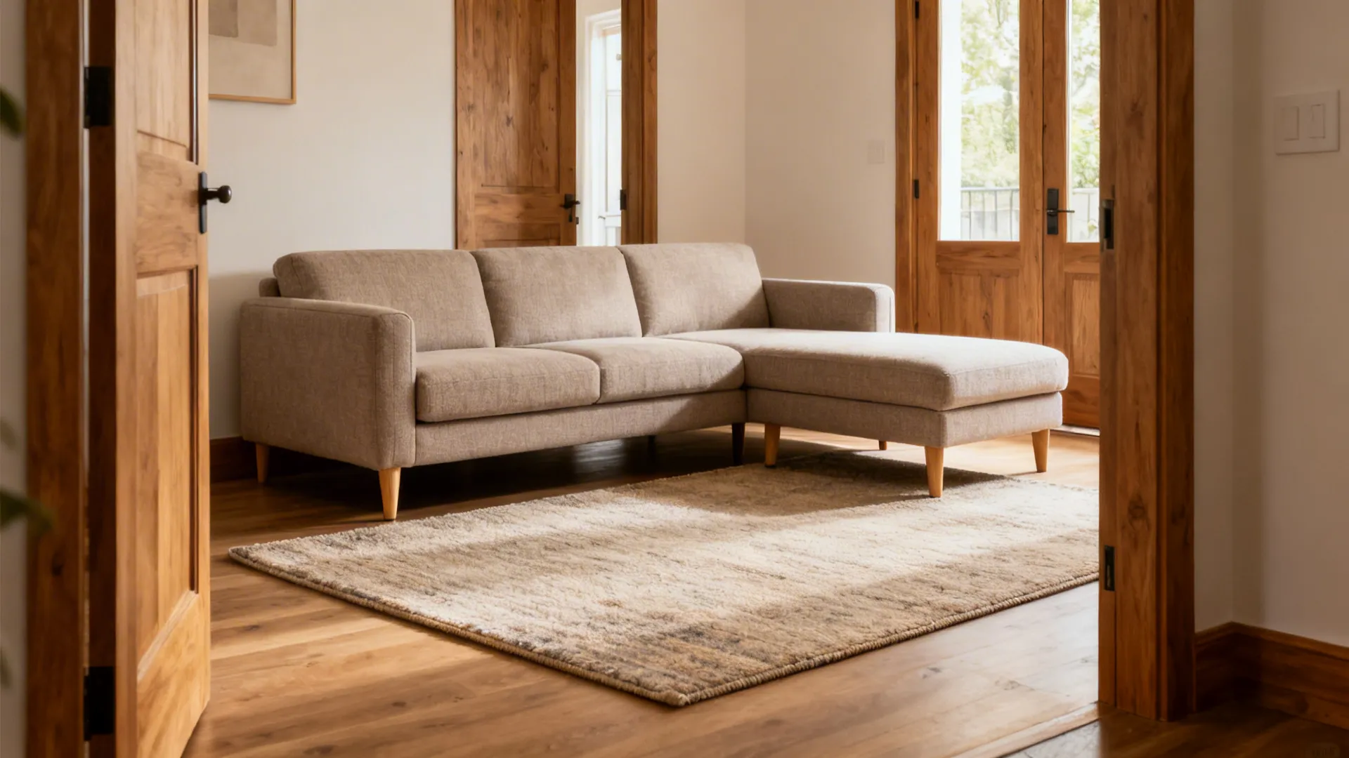 Compact L-shaped sofa with clear walking paths and a large rug in a bright, modern small living room.