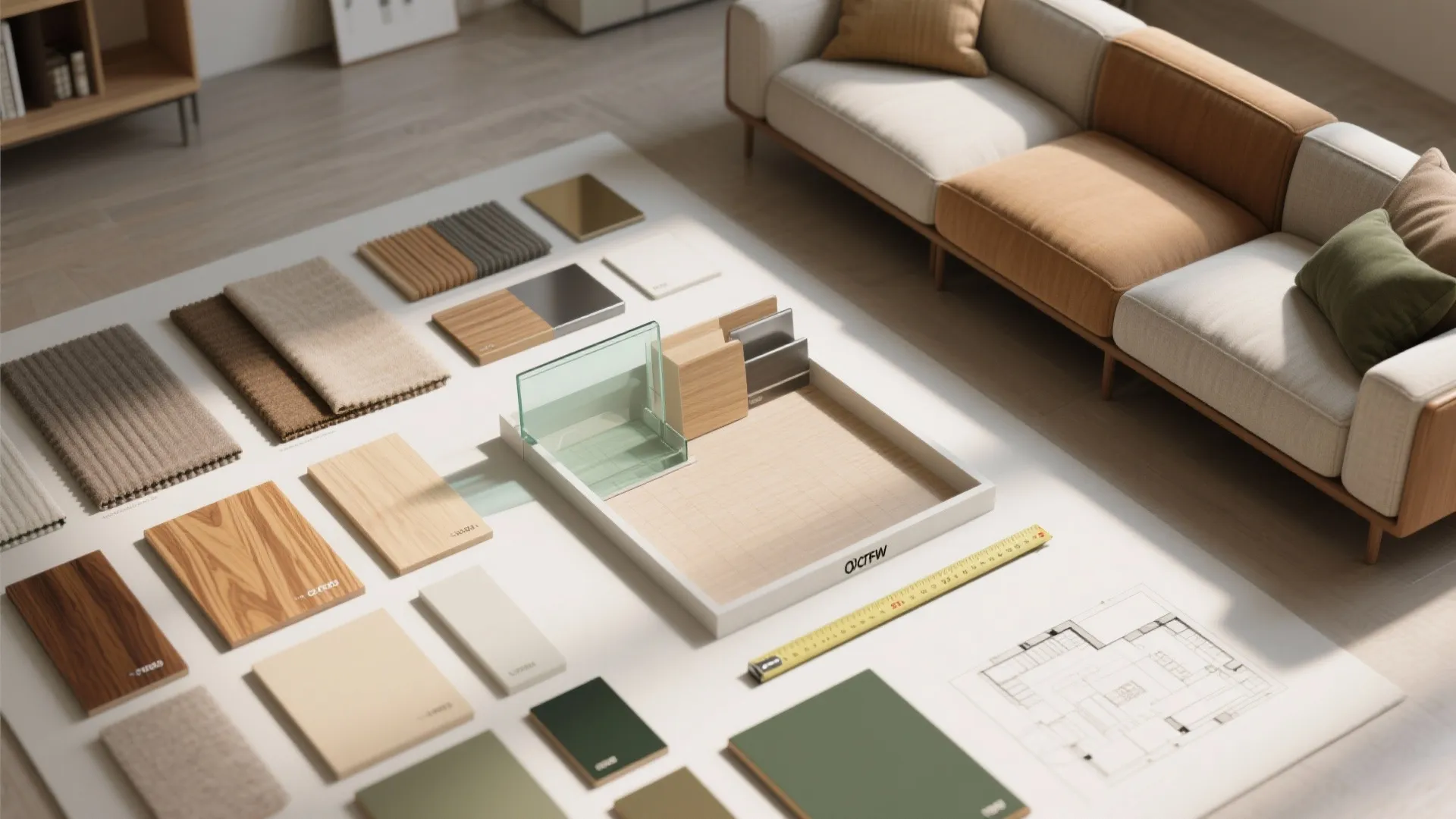 Interior design floor plan with material samples fabric swatches and wood panels on white table surface